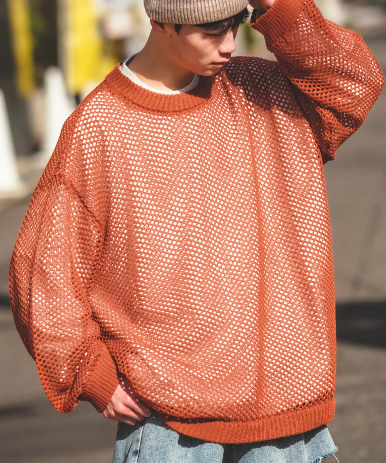 クルーネックニット メンズ NULL ヌル 透かし編み レース編み メッシュ ビッグサイズ オーバーサイズ きれいめ カジュアル シンプル ノームコア ナチュラル | improves | 04