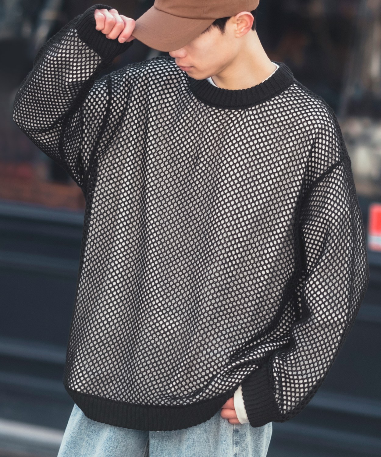 クルーネックニット メンズ NULL ヌル 透かし編み レース編み メッシュ ビッグサイズ オーバーサイズ きれいめ カジュアル シンプル ノームコア ナチュラル | improves | 01