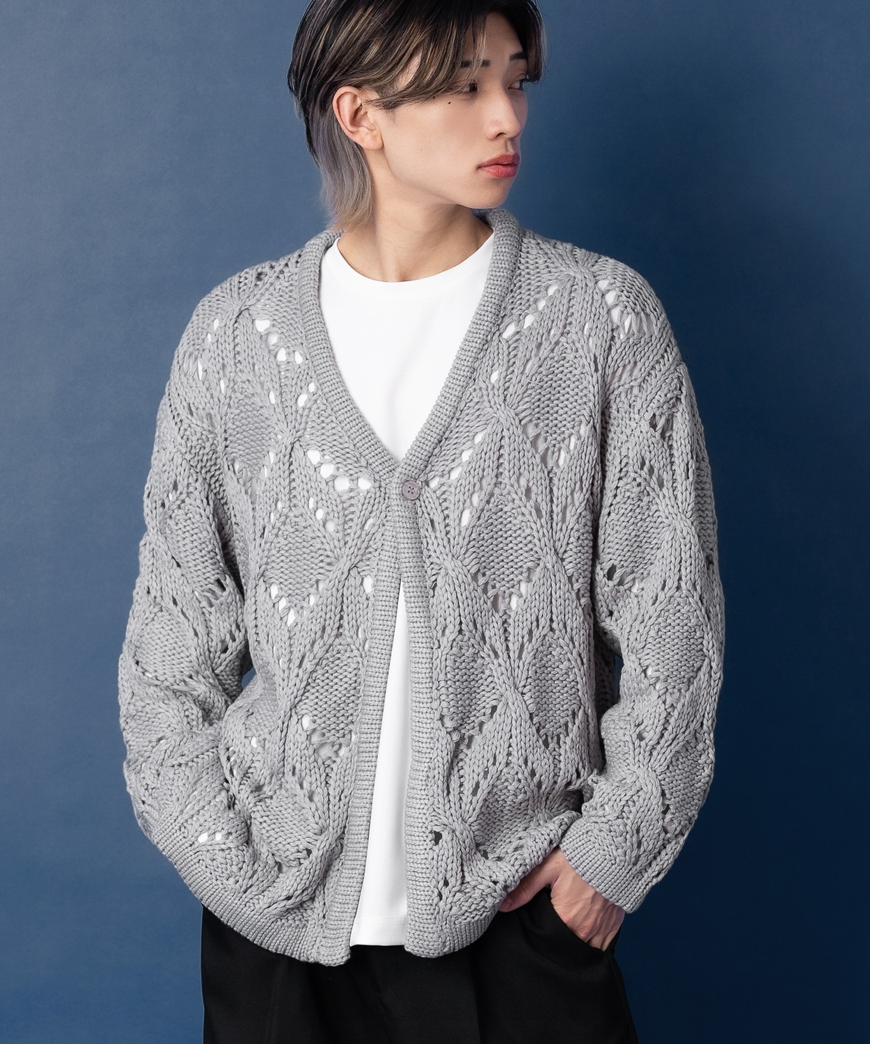 ニットカーディガン メンズ Vネック 透かし編み 長袖 トップス オーバーサイズ ビッグサイズ 大きいサイズ ゆったり カジュアル シンプル シンプル 大人 | improves | 03