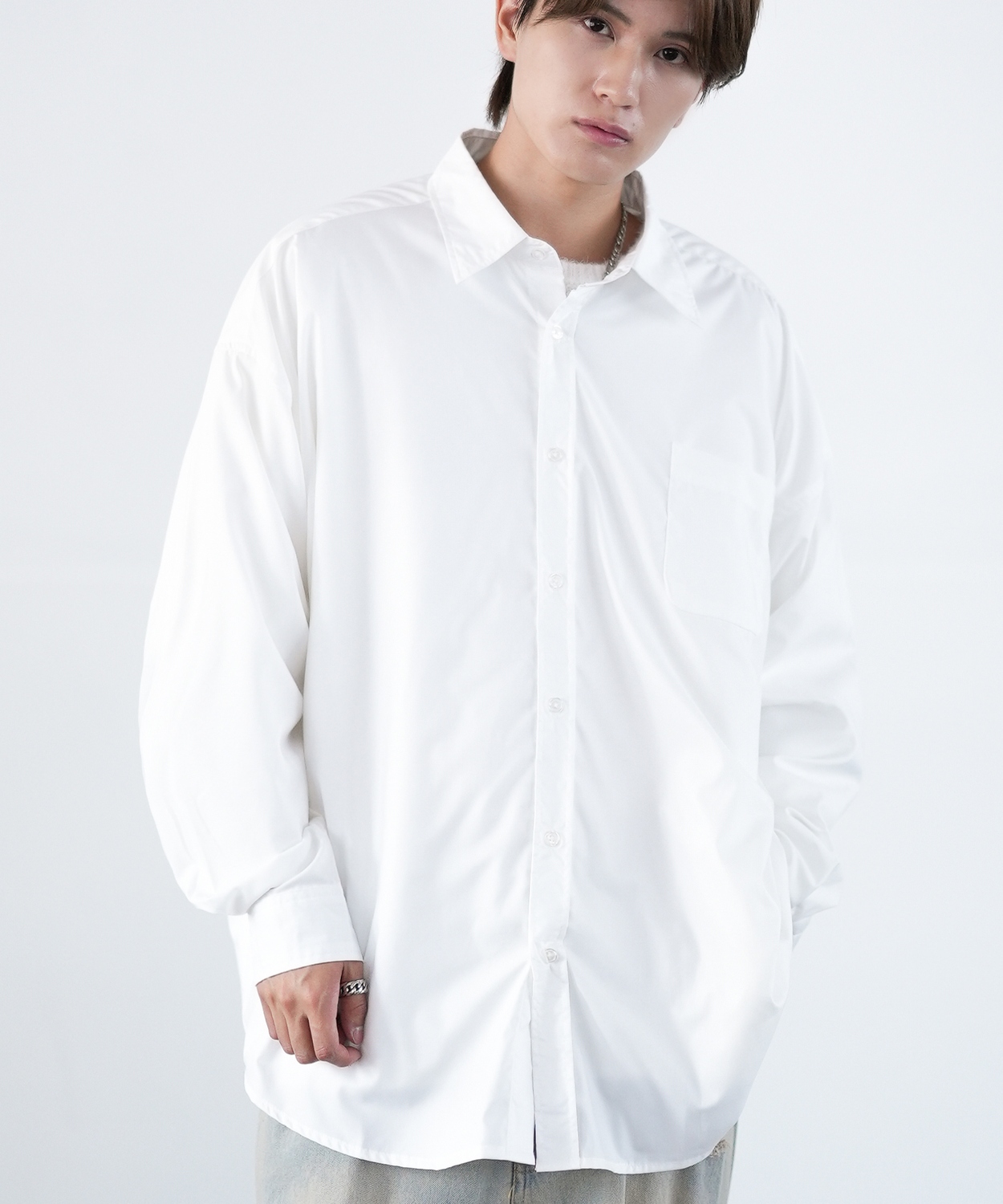 長袖シャツ メンズ NULL ヌル 無地 レギュラーカラー 速乾 接触冷感 イージーケア ビッグサイズ オーバーサイズ 大きめ アメカジ カジュアル ストリート 韓国 | improves | 01