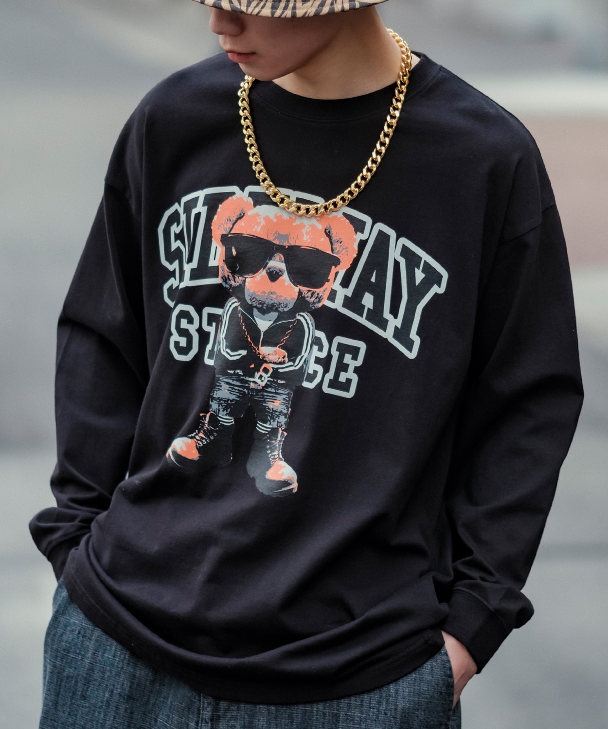 長袖Tシャツ メンズ SIDEWAY STANCE サイドウェイスタンス オリジナルプリント グラフィック ロンT クマ マスコット カレッジロゴ オーバーサイズ 大きめ | improves | 02