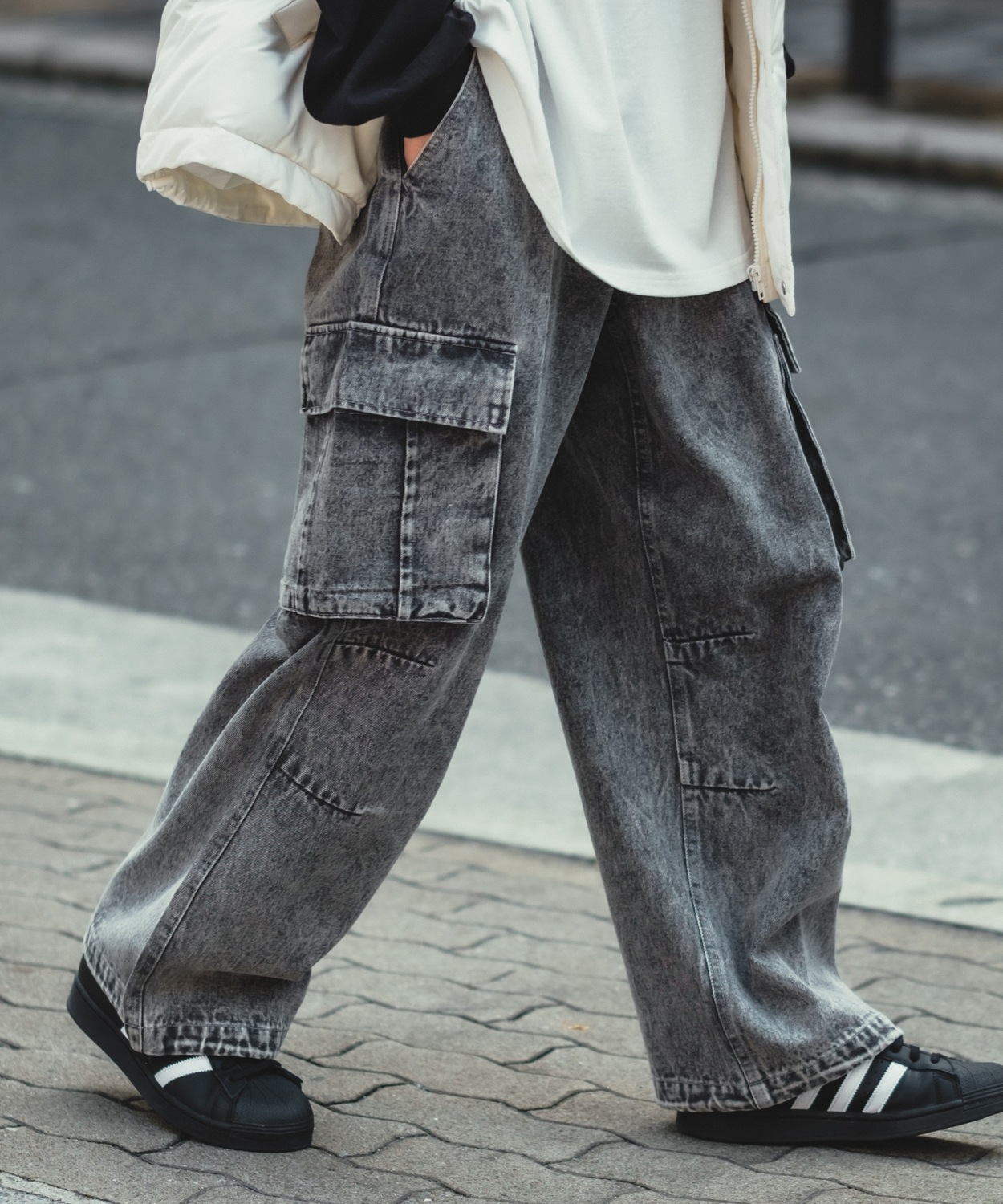 PASALIENS 切替 ジーンズ ウォッシュデニムパンツ ストリート セール】【SIDEWAY STANCE】ケミカルウォッシュ デニム ワイド
