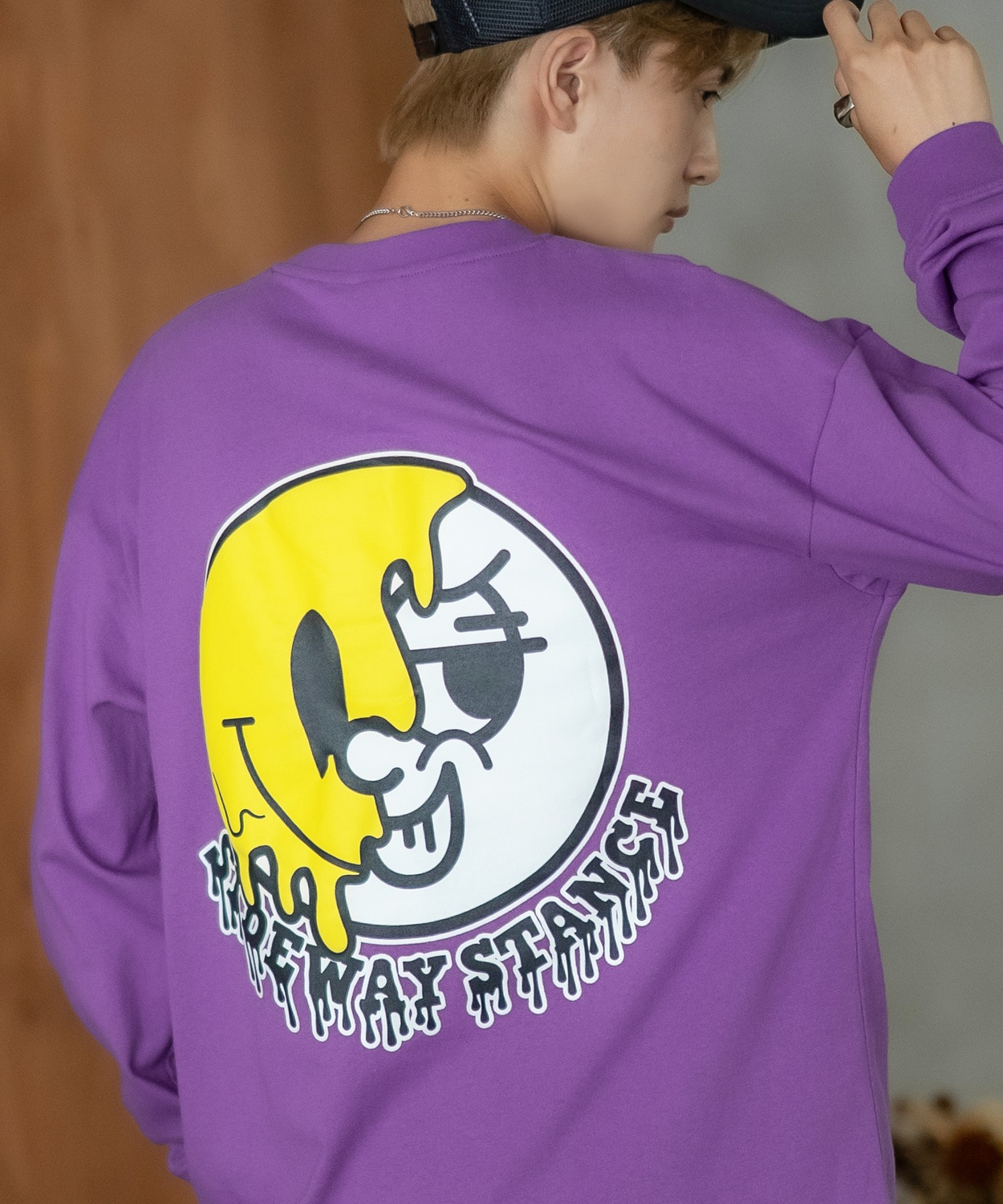 長袖Tシャツ メンズ SIDEWAY STANCE サイドウェイスタンス オリジナルプリント グラフィック ロンT スマイリーフェイス にこちゃん オーバーサイズ スケーター | improves | 04