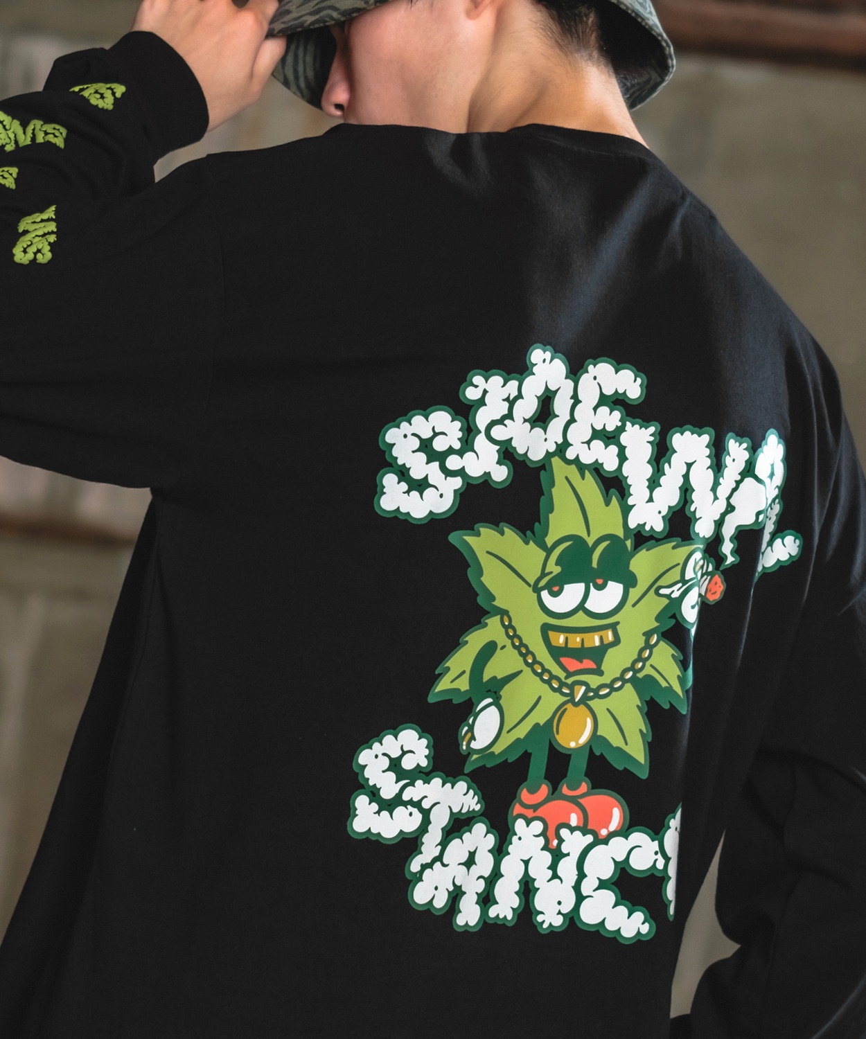 長袖Tシャツ メンズ SIDEWAY STANCE サイドウェイスタンス オリジナルプリント グラフィック ロンT ヘンプリーフマスコット オーバーサイズ スケーター | improves | 01