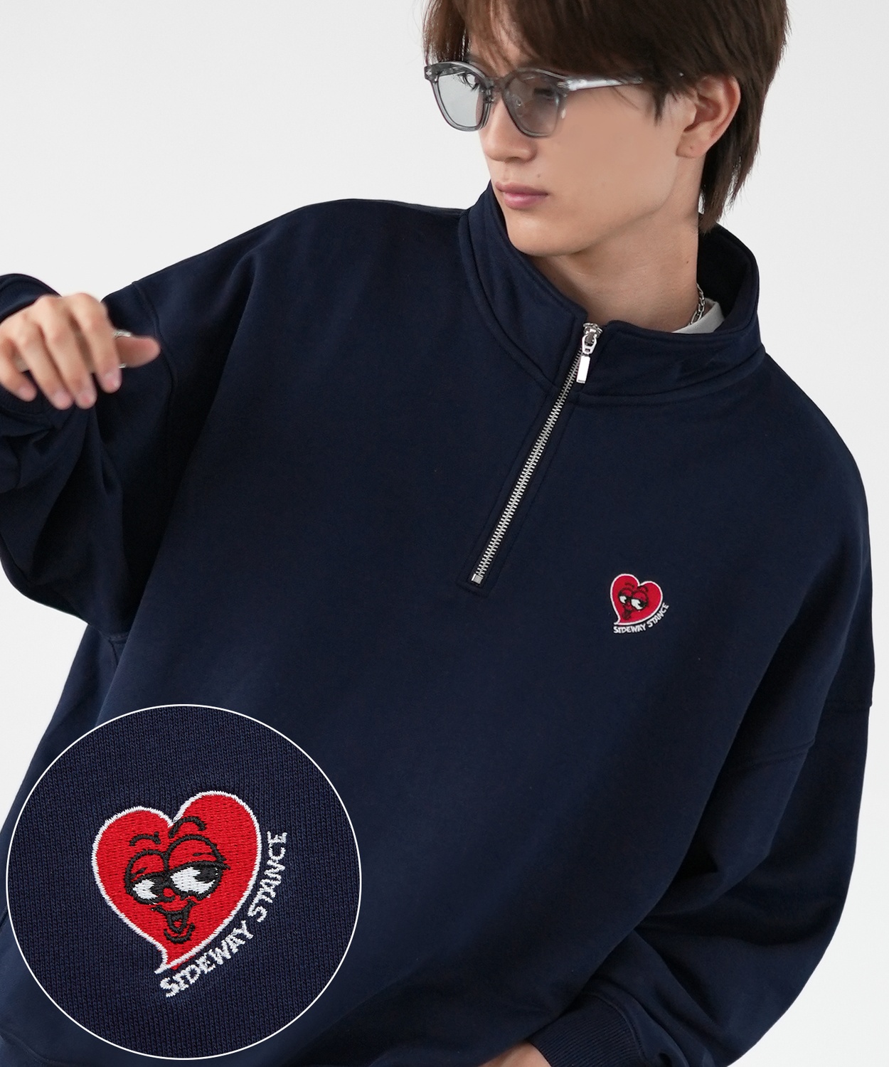 トレーナー メンズ SIDEWAY STANCE サイドウェイスタンス ワンポイント刺しゅう ハーフジップ 裏毛スウェット 大きめ アメカジ スケーター ストリート | improves | 06