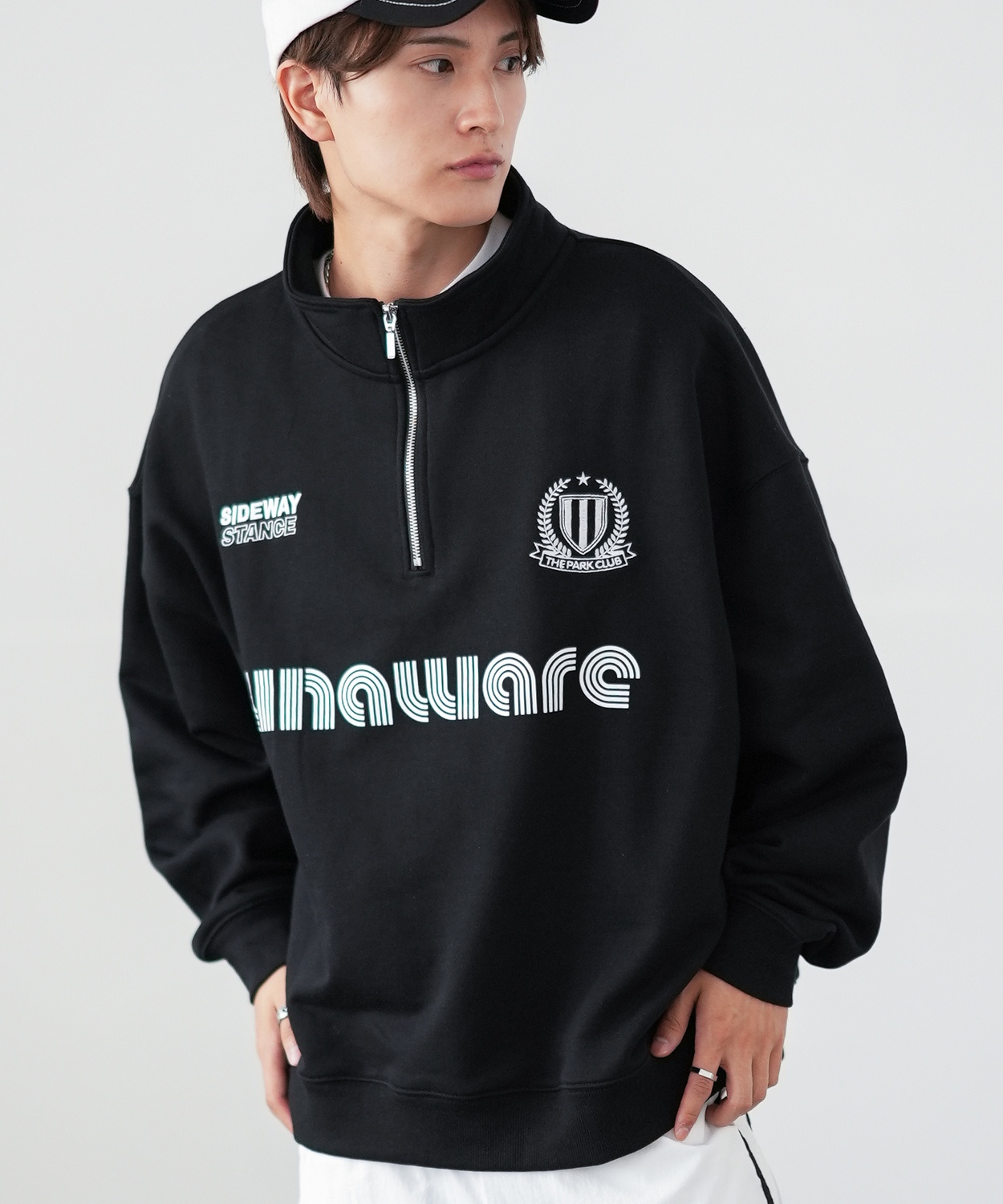 トレーナー メンズ SIDEWAY STANCE サイドウェイスタンス オリジナルプリント スウェットハーフジップ ゲームシャツ オーバーサイズ スケーター ストリート 韓国 | improves | 01