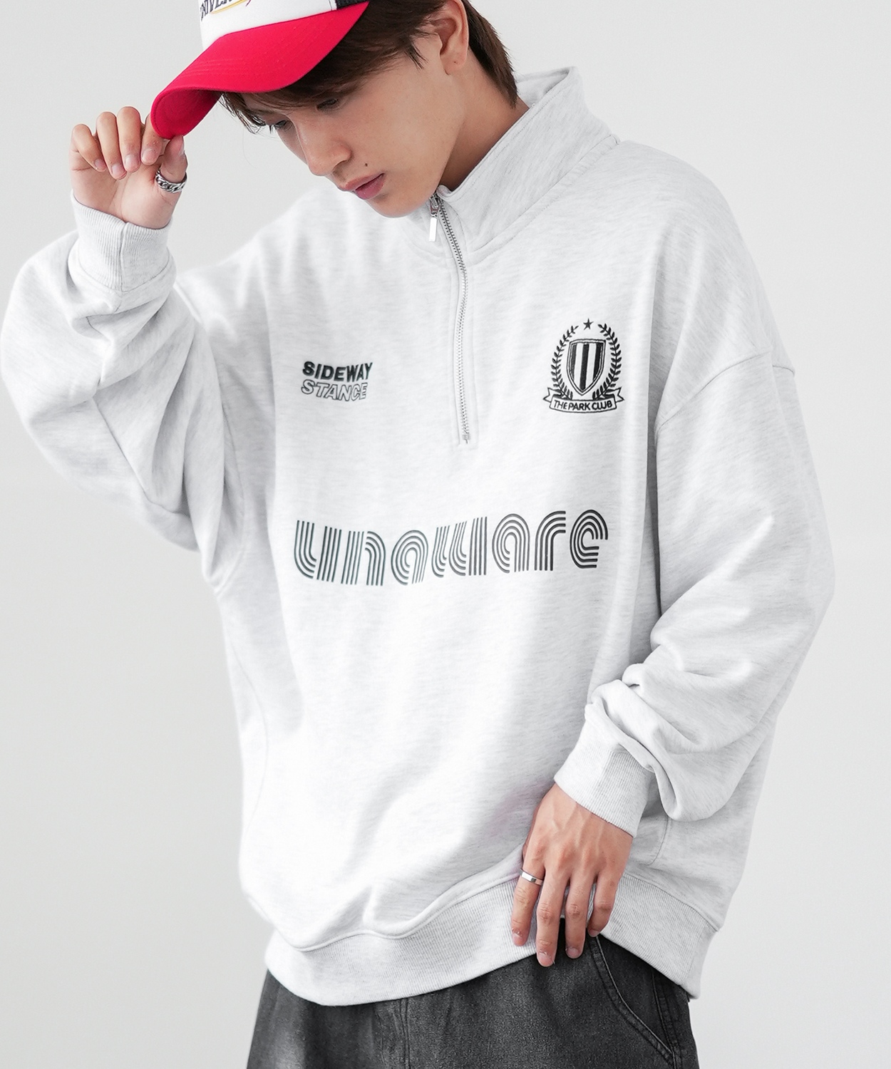 トレーナー メンズ SIDEWAY STANCE サイドウェイスタンス オリジナルプリント スウェットハーフジップ ゲームシャツ オーバーサイズ スケーター ストリート 韓国 | improves | 02