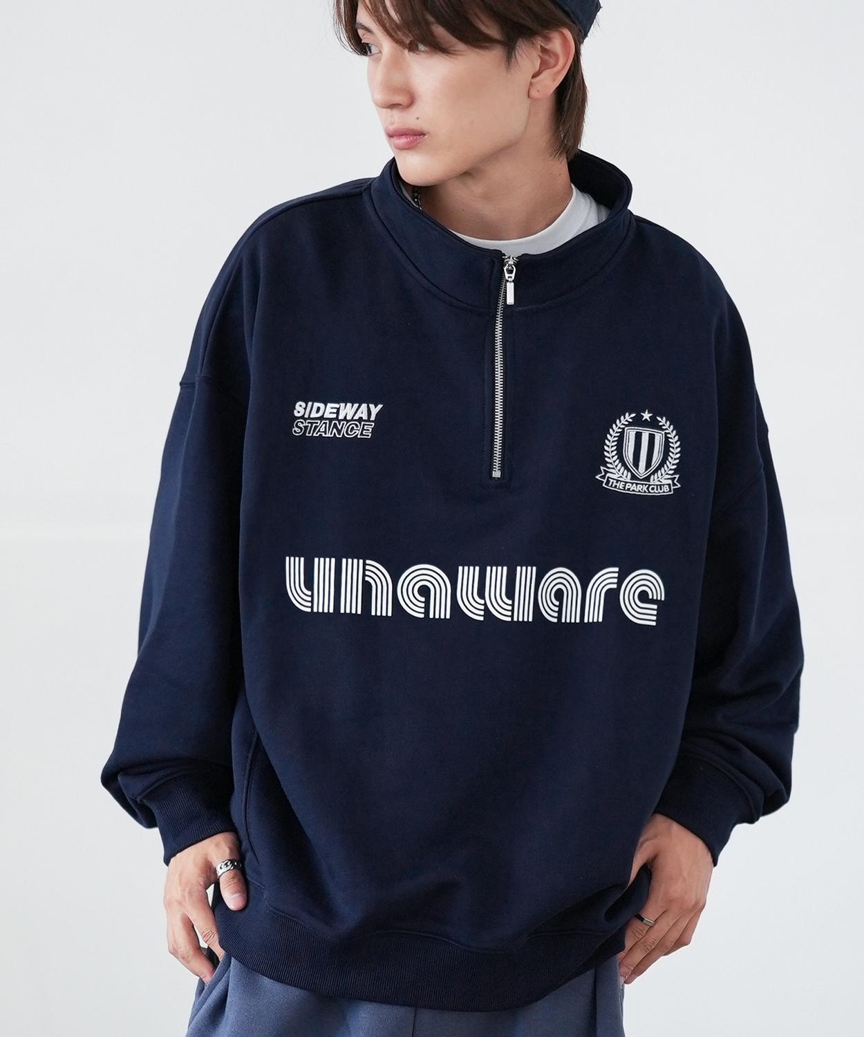 トレーナー メンズ SIDEWAY STANCE サイドウェイスタンス オリジナルプリント スウェットハーフジップ ゲームシャツ オーバーサイズ スケーター ストリート 韓国 | improves | 03