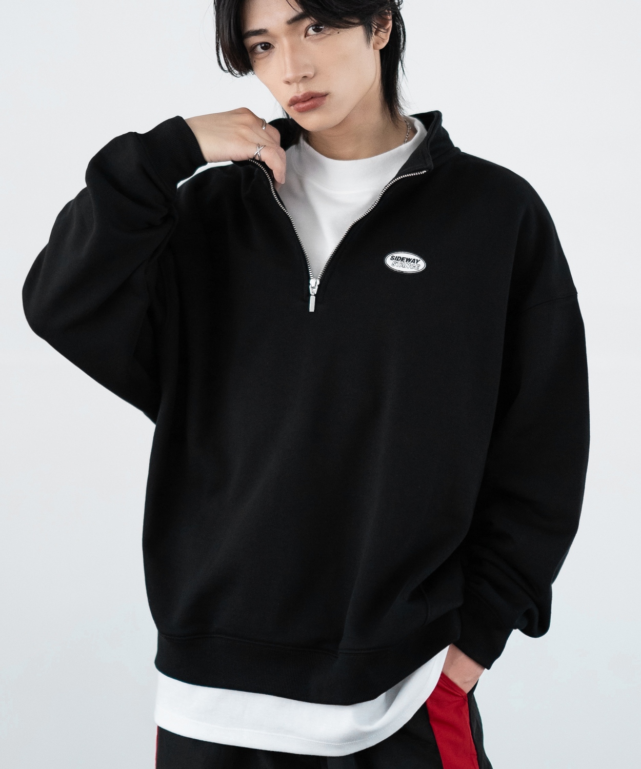 トレーナー メンズ SIDEWAY STANCE サイドウェイスタンス 刺しゅう スウェットハーフジップ オーバルロゴ オーバーサイズ スケーター ストリート 韓国 | improves | 01