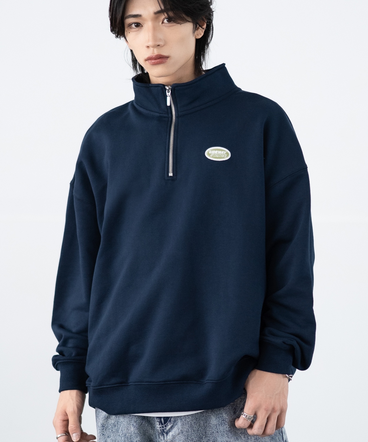トレーナー メンズ SIDEWAY STANCE サイドウェイスタンス 刺しゅう スウェットハーフジップ オーバルロゴ オーバーサイズ スケーター ストリート 韓国 | improves | 03