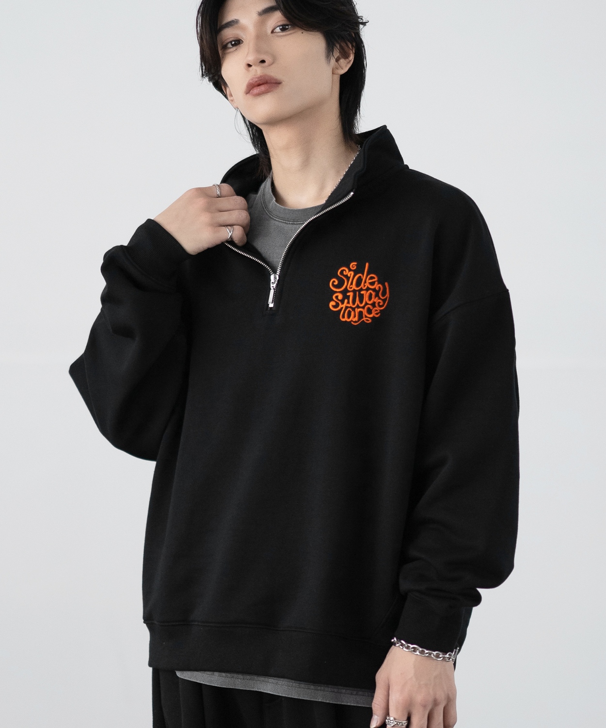 トレーナー メンズ SIDEWAY STANCE サイドウェイスタンス 刺しゅう スウェットハーフジップ ロゴ オーバーサイズ スケーター ストリート 韓国 | improves | 01
