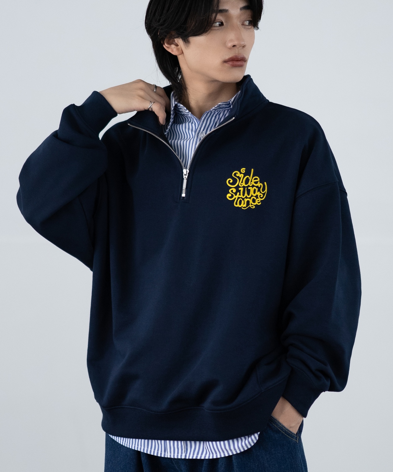 トレーナー メンズ SIDEWAY STANCE サイドウェイスタンス 刺しゅう スウェットハーフジップ ロゴ オーバーサイズ スケーター ストリート 韓国 | improves | 03