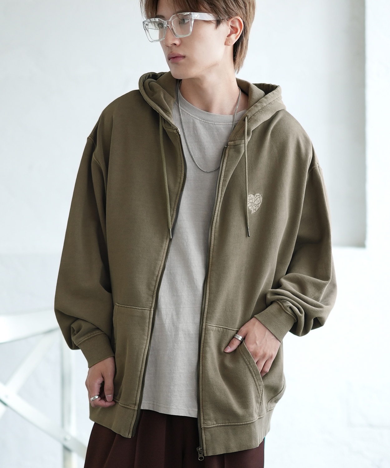 パーカー メンズ SIDEWAY STANCE サイドウェイスタンス ピグメント加工 ハート 刺しゅう ジップアップ パーカー オーバーサイズ スケーター ストリート 韓国 | improves | 02