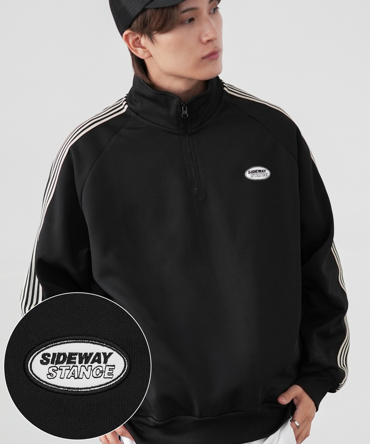 トラックジャケット メンズ SIDEWAY STANCE サイドウェイスタンス ハーフジップ ワンポイント刺しゅう ライン ジャージ ジャケット スケーター ストリート 韓国 | improves | 05