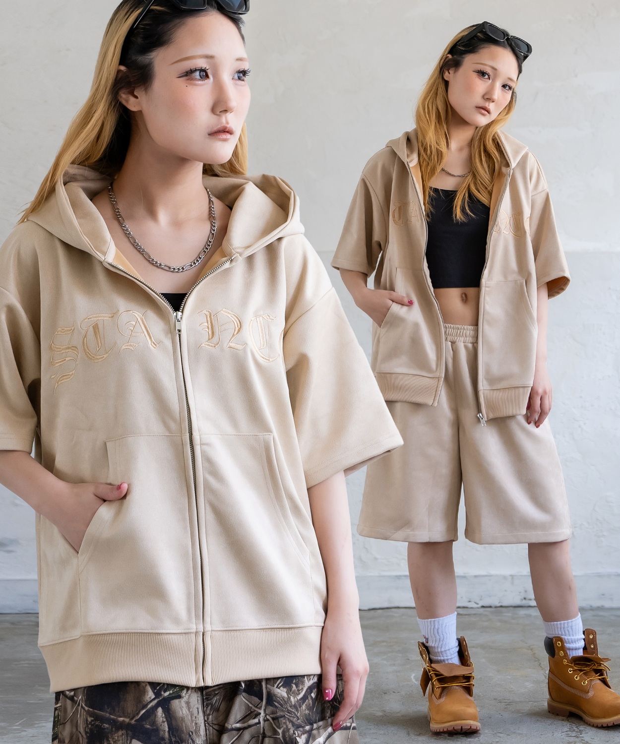 パーカー メンズ SIDEWAY STANCE サイドウェイスタンス スエードポンチ 半袖ジップパーカー アメカジ カジュアル スケーター ストリート 古着MIX 韓国 | improves | 02