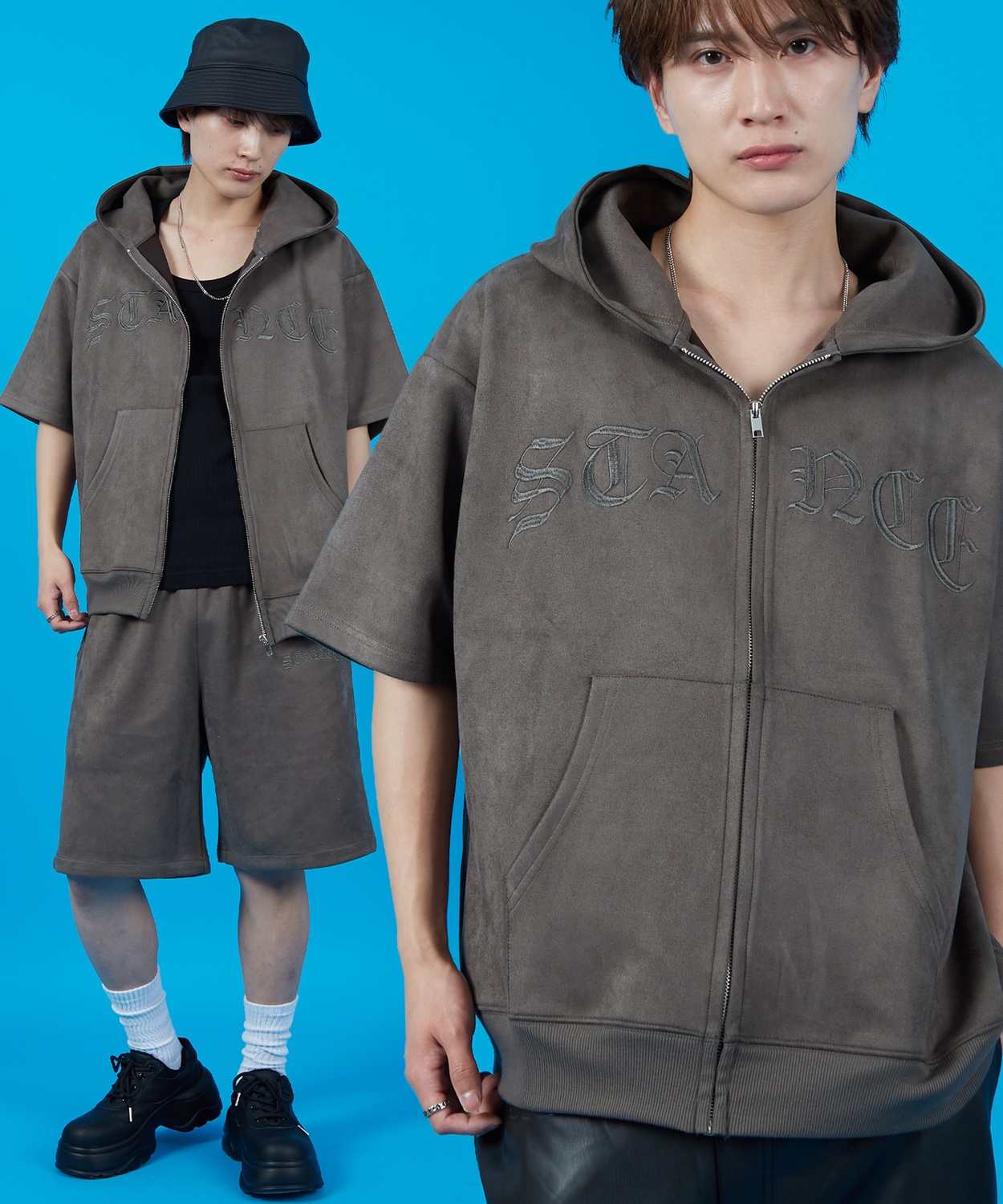 パーカー メンズ SIDEWAY STANCE サイドウェイスタンス スエードポンチ 半袖ジップパーカー アメカジ カジュアル スケーター ストリート 古着MIX 韓国 | improves | 01