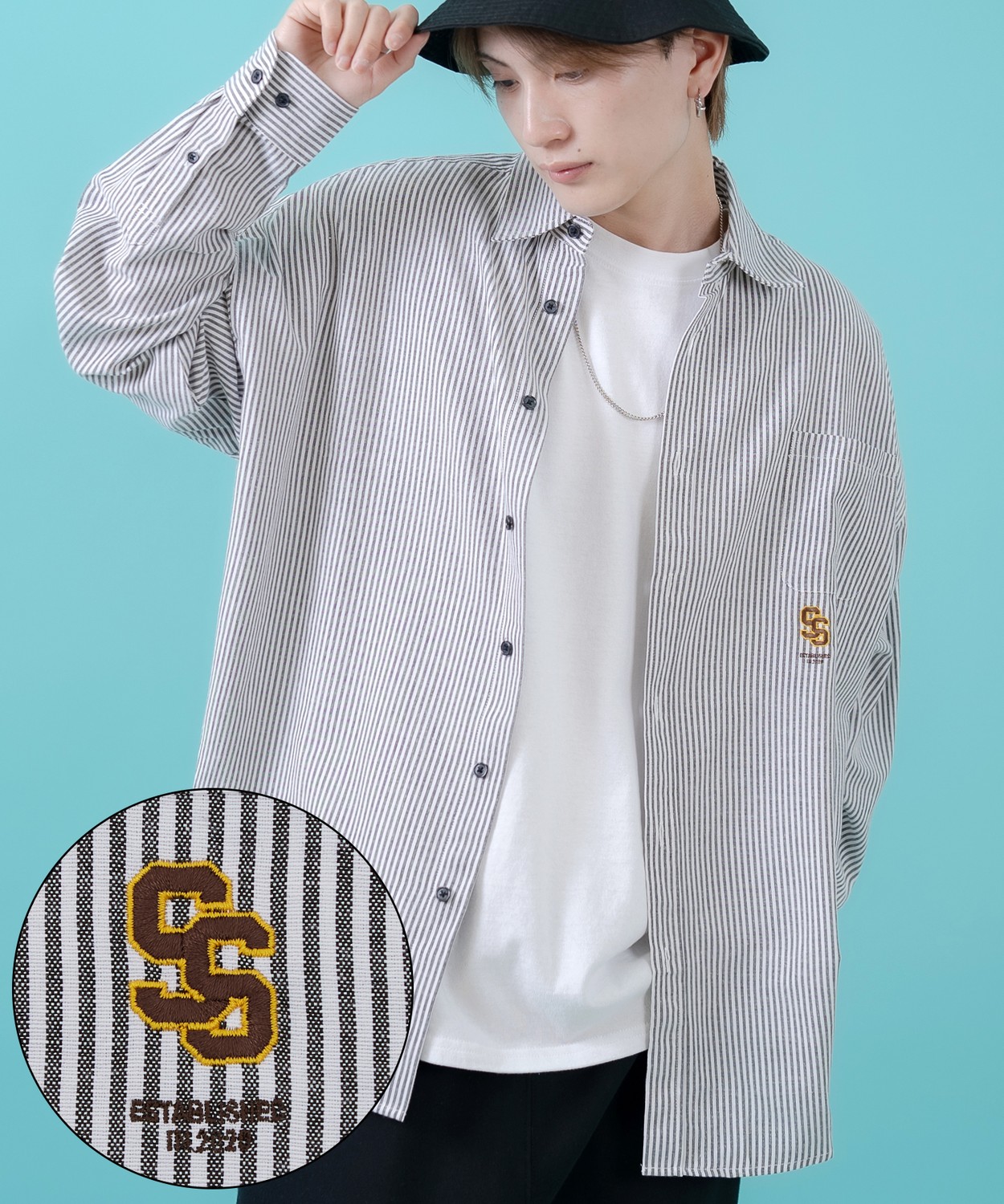 長袖シャツ メンズ サイドウェイスタンス ワンポイント ストライプシャツ 大きめ アメカジ カジュアル スケーター ストリート 古着MIX 韓国 | improves | 01