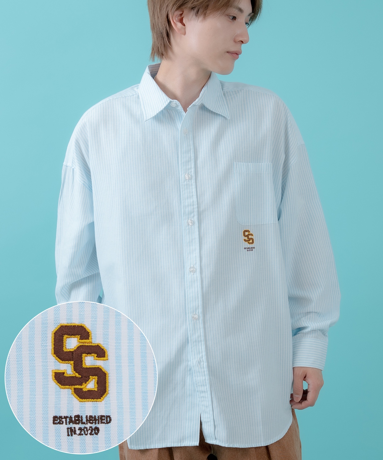 長袖シャツ メンズ サイドウェイスタンス ワンポイント ストライプシャツ 大きめ アメカジ カジュアル スケーター ストリート 古着MIX 韓国 | improves | 03