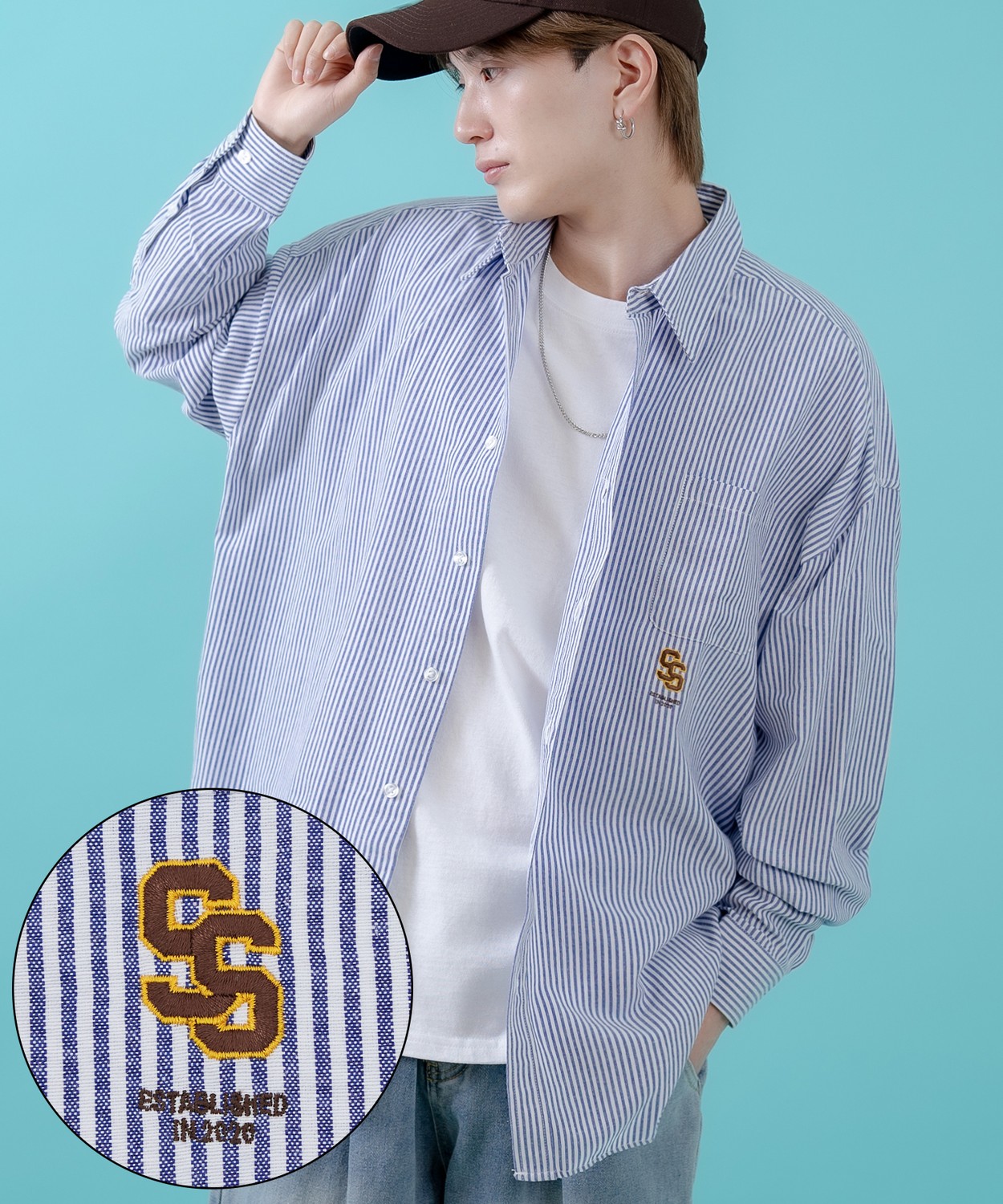 長袖シャツ メンズ サイドウェイスタンス ワンポイント ストライプシャツ 大きめ アメカジ カジュアル スケーター ストリート 古着MIX 韓国 | improves | 02