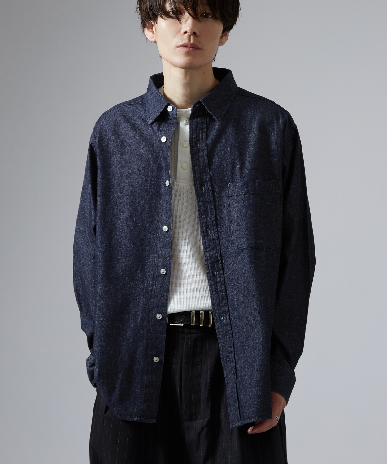 シャツ メンズ 長袖 デニムシャツ 6oz 軽オンス ボタンダウン ビッグシルエット ストリート アメカジ 無地 カジュアル 古着MIX オーバーサイズ | improves | 01
