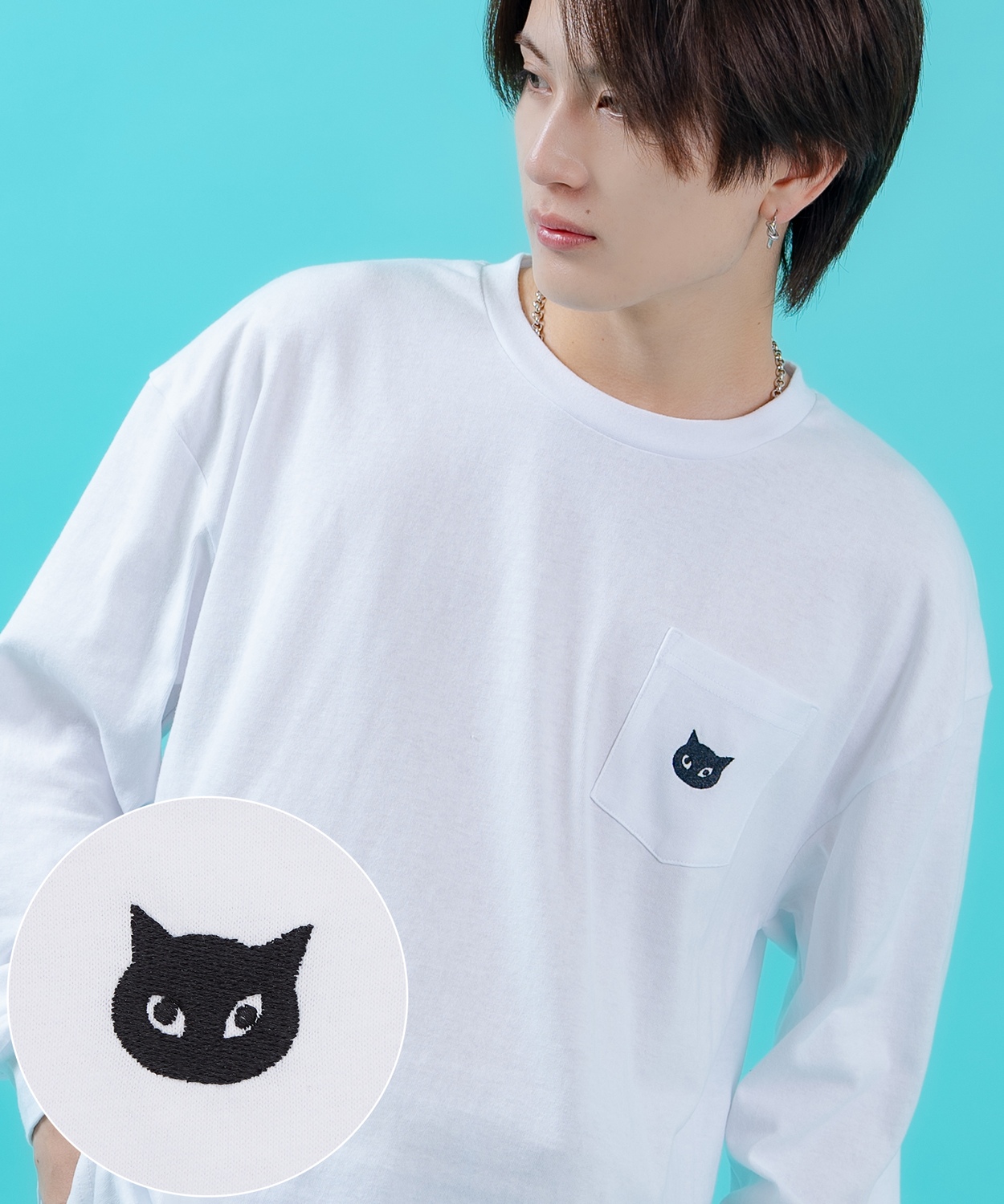 長袖Tシャツ メンズ SIDEWAY STANCE サイドウェイスタンス 猫刺しゅう ワンポイント ポケT ストリート スケーター ホワイト ブラック | improves | 01