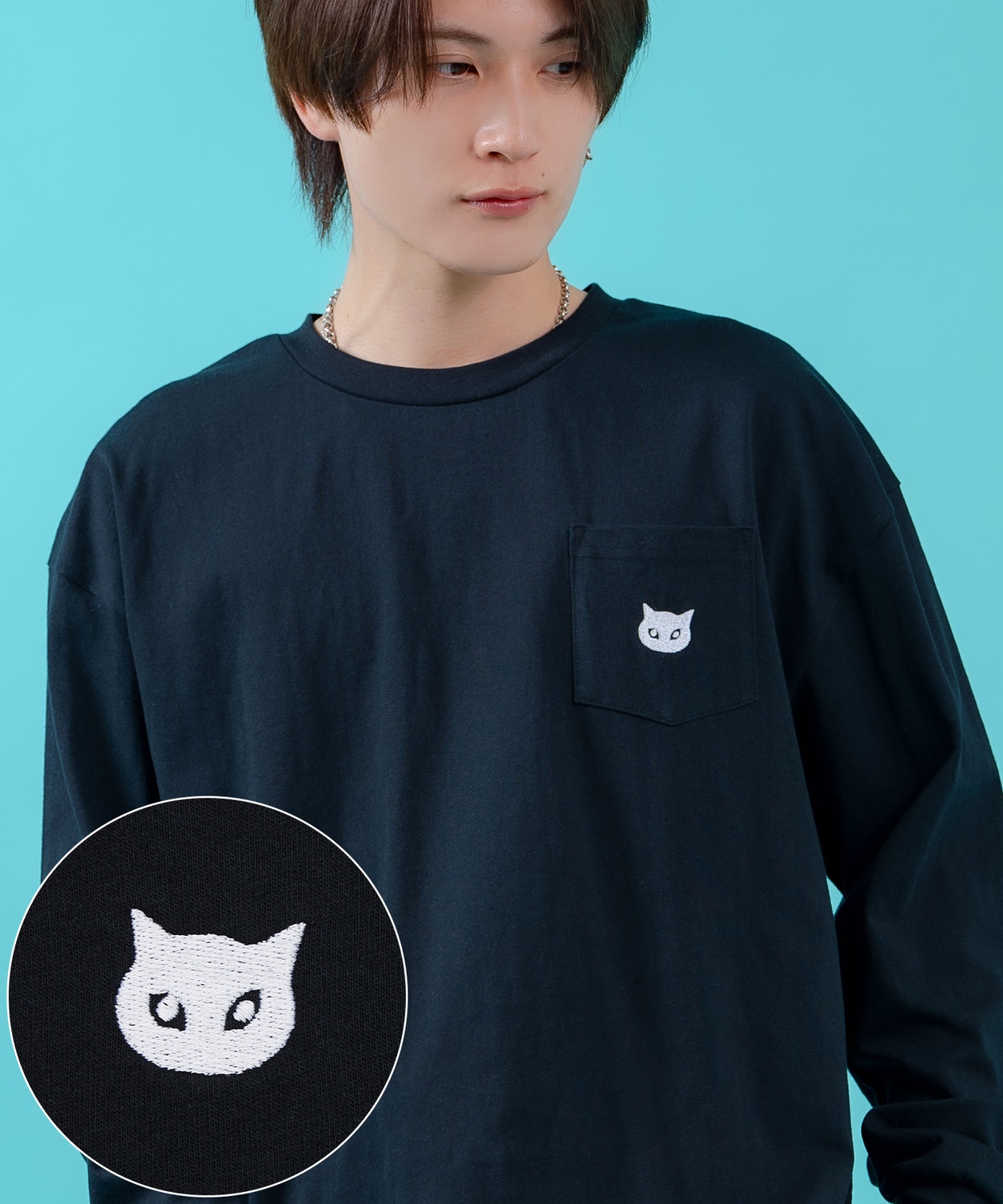 長袖Tシャツ メンズ SIDEWAY STANCE サイドウェイスタンス 猫刺しゅう ワンポイント ポケT ストリート スケーター ホワイト ブラック | improves | 02