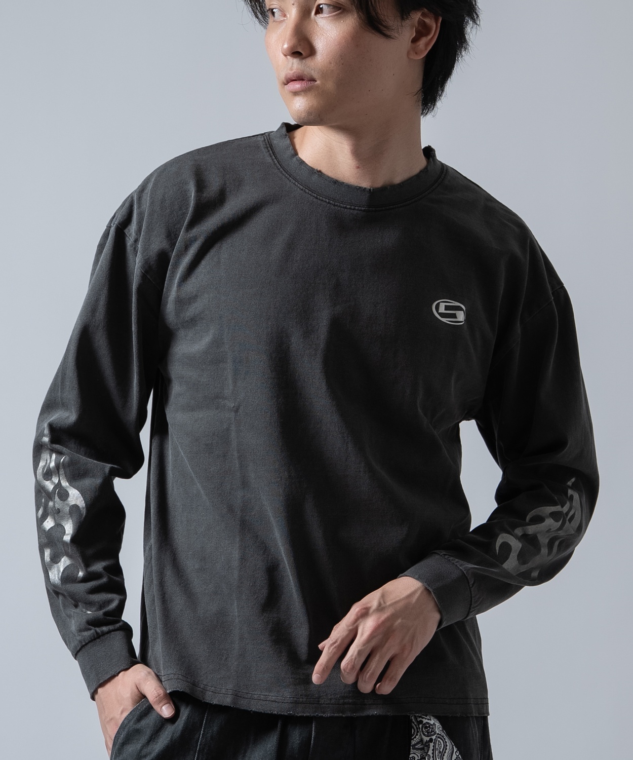 長袖Tシャツ メンズ SIDEWAY STANCE ピグメント メタリックプリント ロンT ストリート スケーター 古着MIX ブラウン ブラック | improves | 01