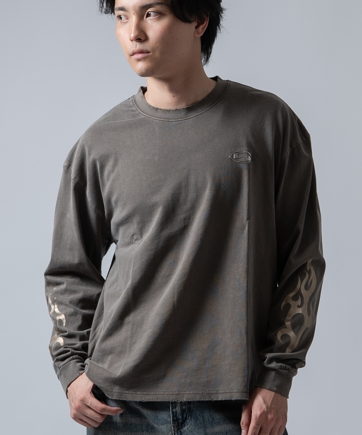 長袖Tシャツ メンズ SIDEWAY STANCE ピグメント メタリックプリント ロンT ストリート スケーター 古着MIX ブラウン ブラック | improves | 02