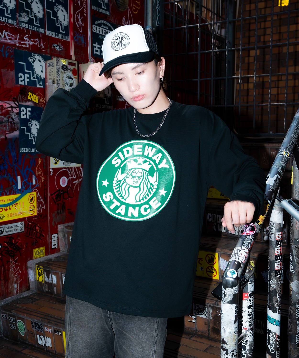 長袖Tシャツ メンズ SIDEWAY STANCE サイドウェイスタンス サークル ラベル プリント アメカジ カジュアル Y2K ストリート 90s コーヒー 韓国 | improves | 02