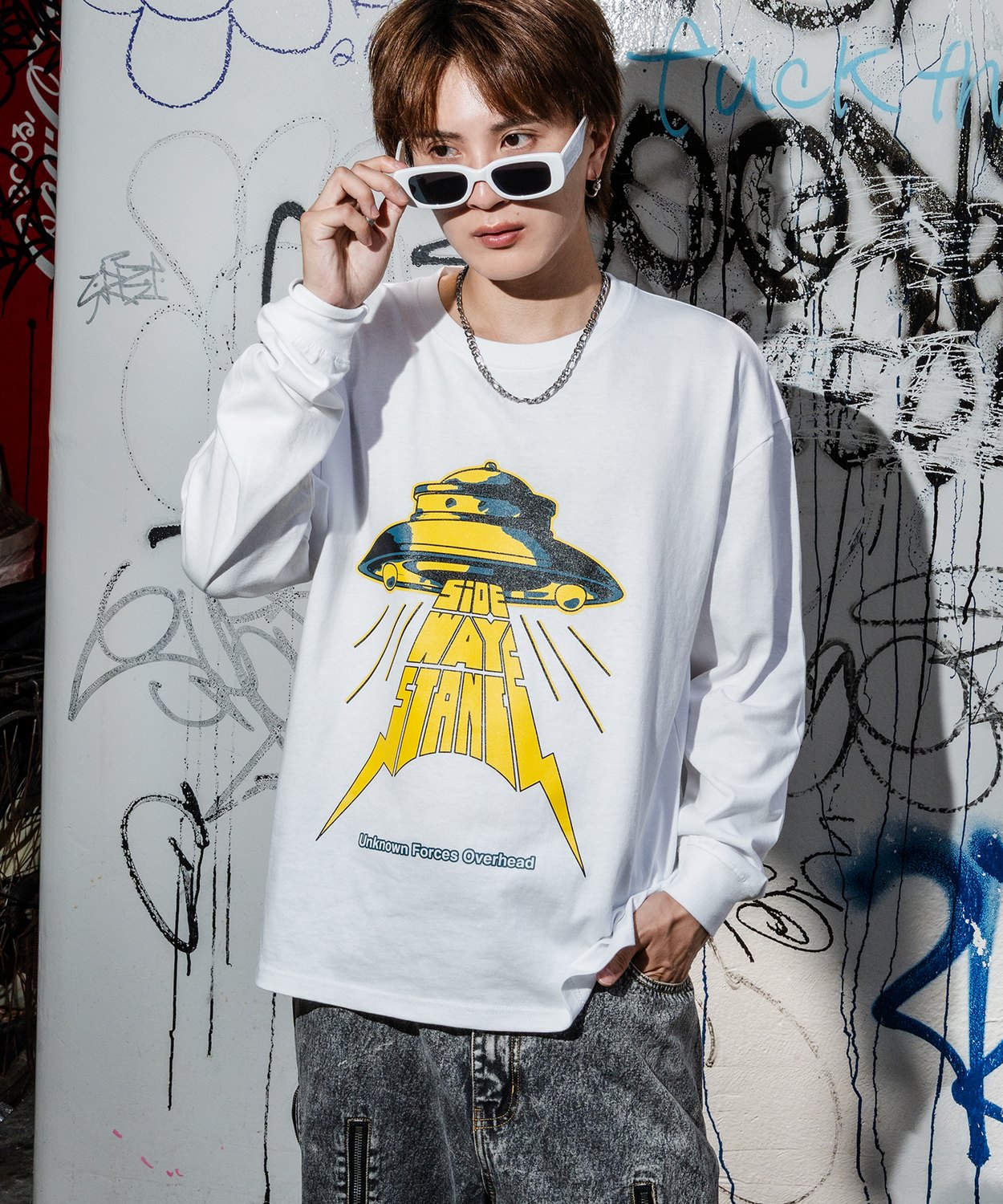 カットソー メンズ SIDEWAY STANCE サイドウェイスタンス ロンT 長袖 Tシャツ UFO プリント アメカジ カジュアル Y2K ストリート 90s レトロ 韓国 | improves | 01