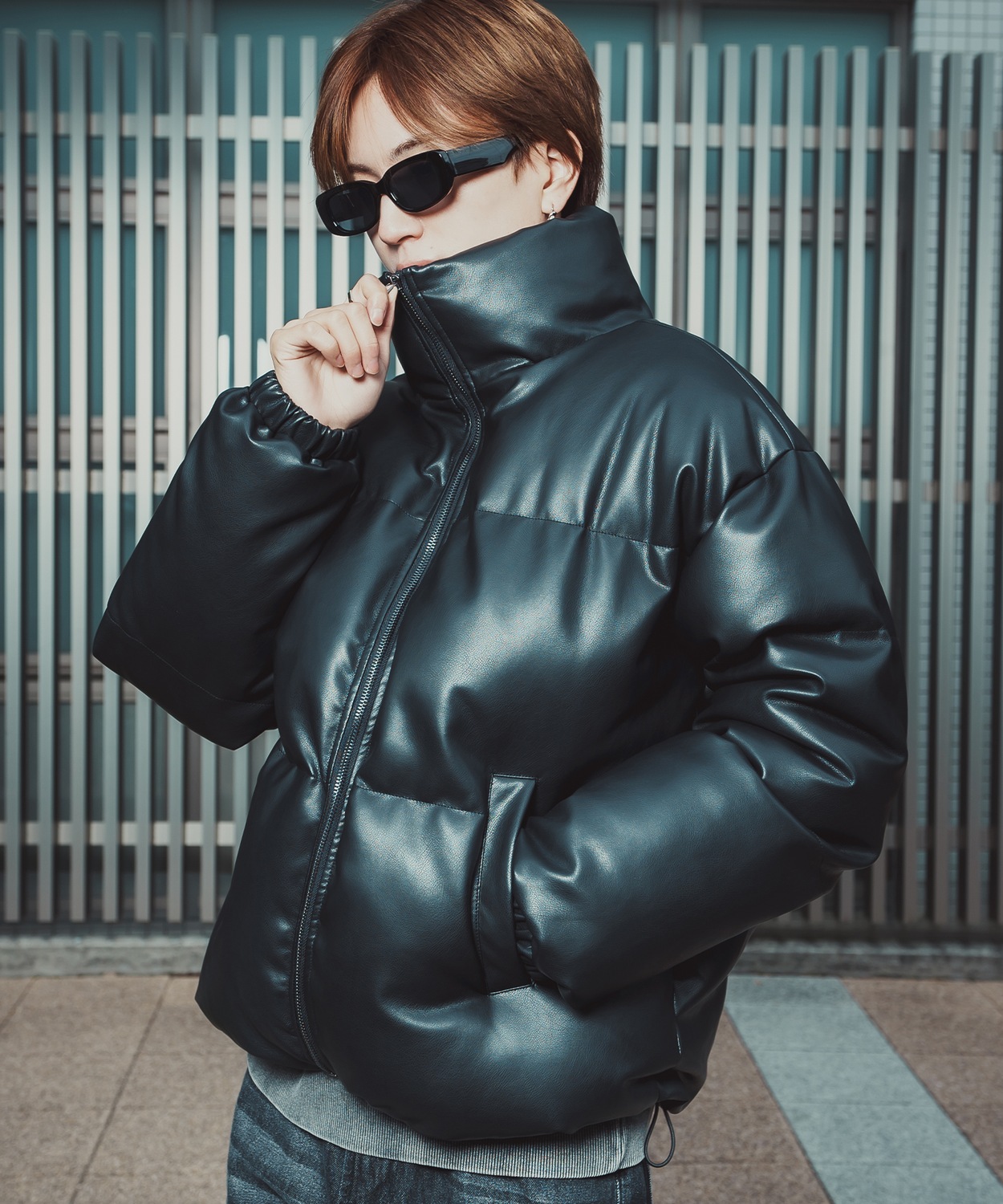ダウンジャケット メンズ シンセティックレザー PUレザー 合成皮革 中綿 ショートペディン ブルゾン アメカジ カジュアル ロック モード 韓国ファッション | improves | 01
