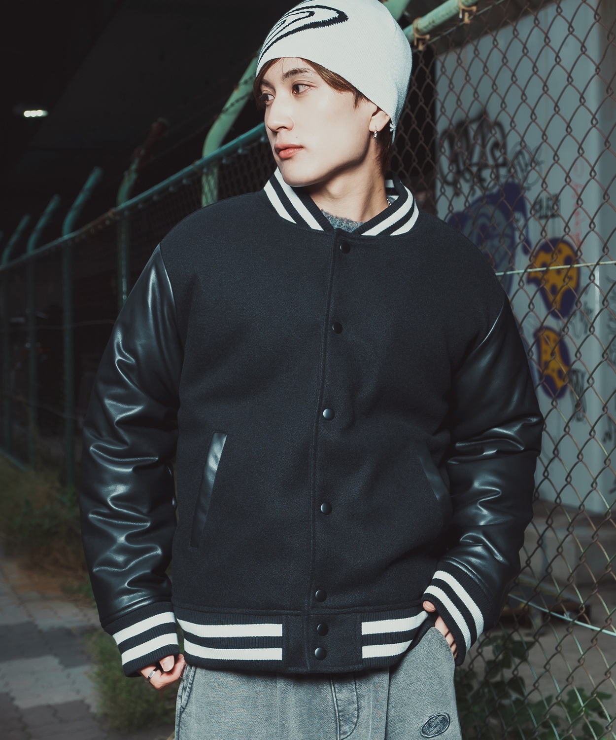 ブルゾン メンズ メルトン PUレザー スタジャン スタジアムジャンパー アメカジ カジュアル スケーター ストリート Y2K 90s 古着MIX 韓国ファッション | improves | 01