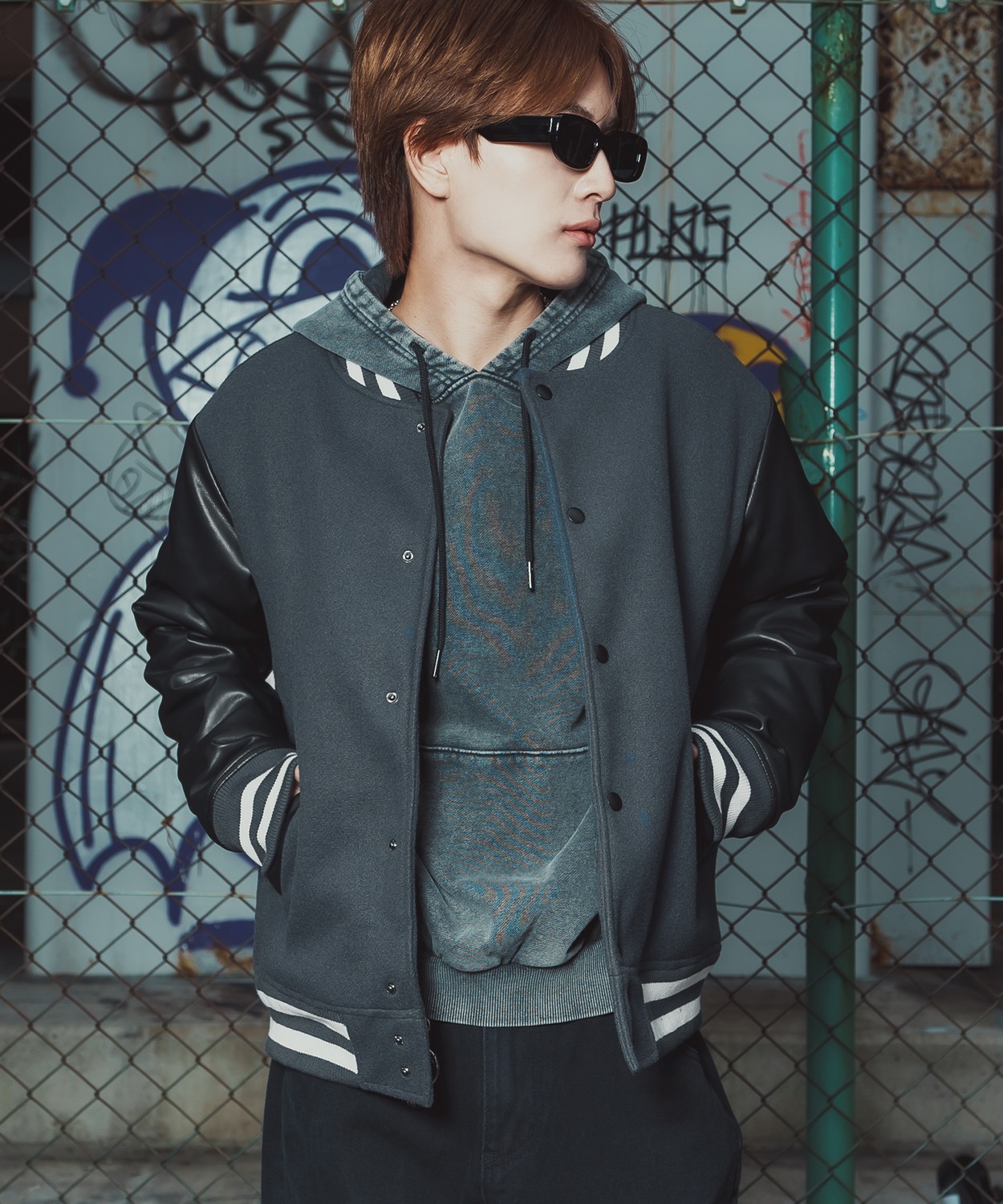 ブルゾン メンズ メルトン PUレザー スタジャン スタジアムジャンパー アメカジ カジュアル スケーター ストリート Y2K 90s 古着MIX 韓国ファッション | improves | 02