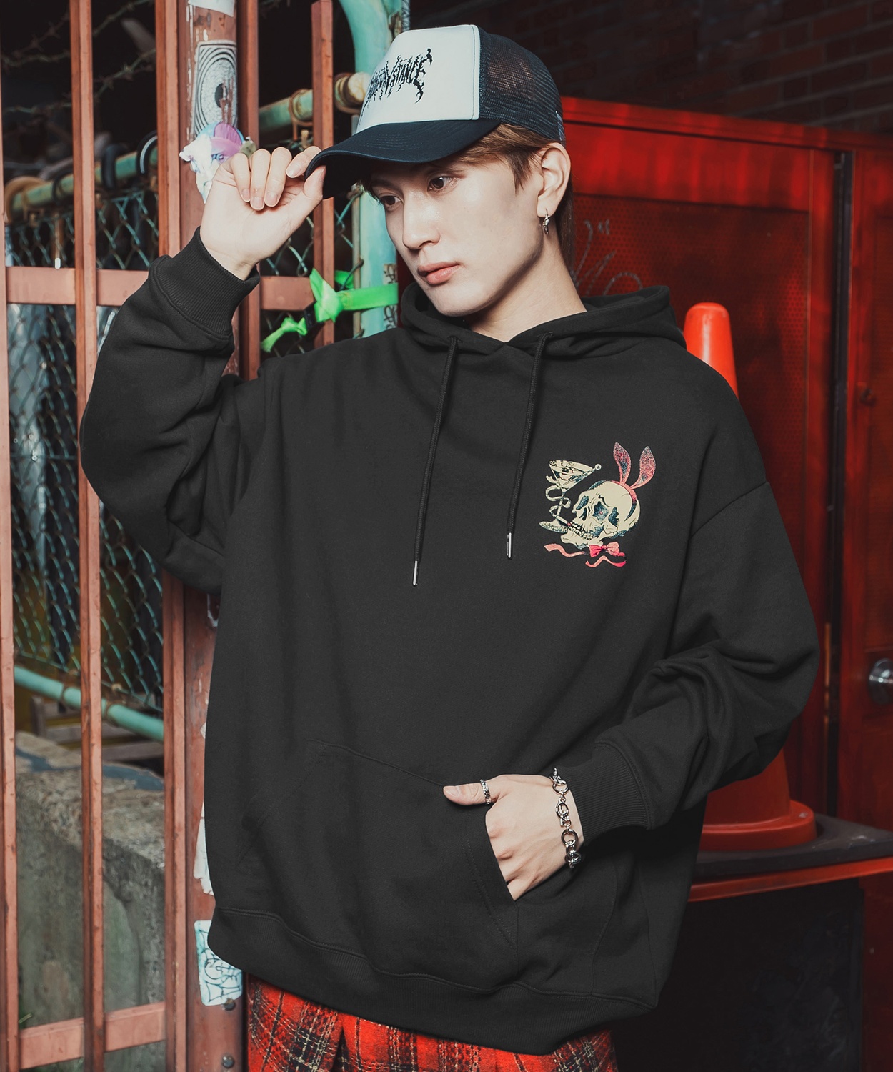 パーカー メンズ レディース バニースカル プルオーバーパーカー スウェット 裏毛 プリント ビッグシルエット オーバーサイズ ストリート 韓国ファッション | improves | 01