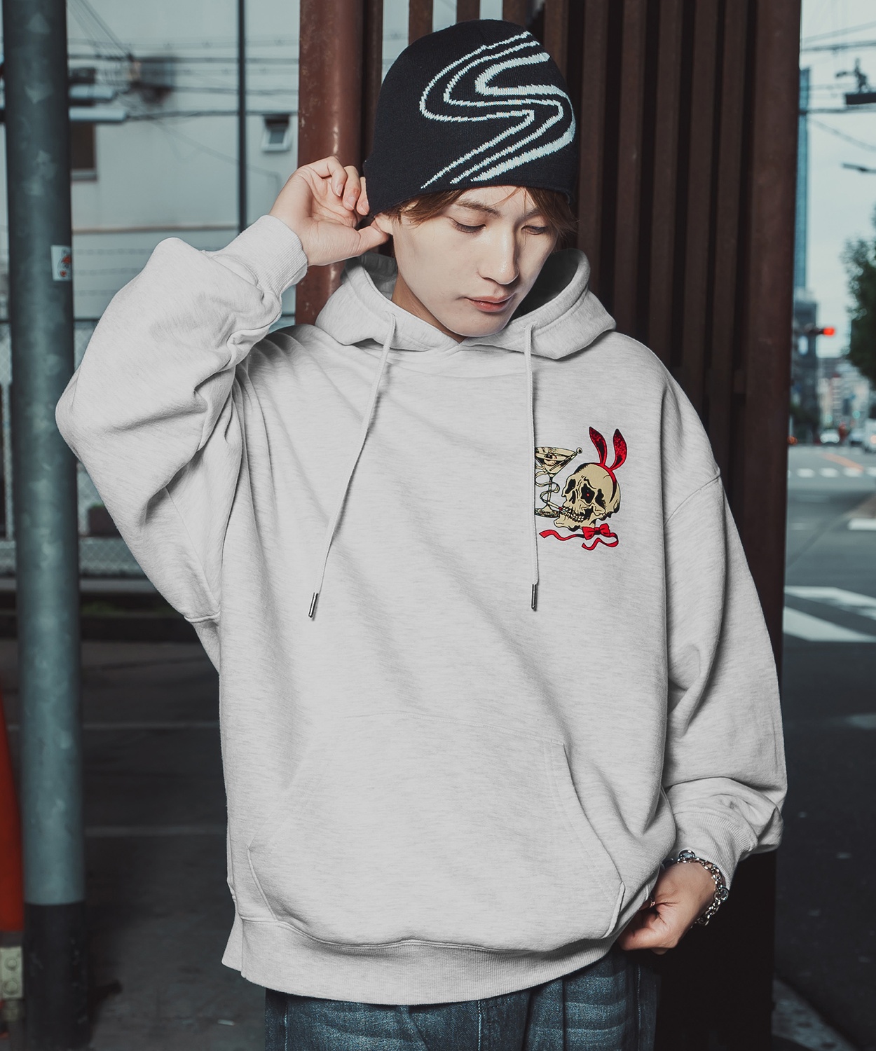 パーカー メンズ レディース バニースカル プルオーバーパーカー スウェット 裏毛 プリント ビッグシルエット オーバーサイズ ストリート 韓国ファッション | improves | 02