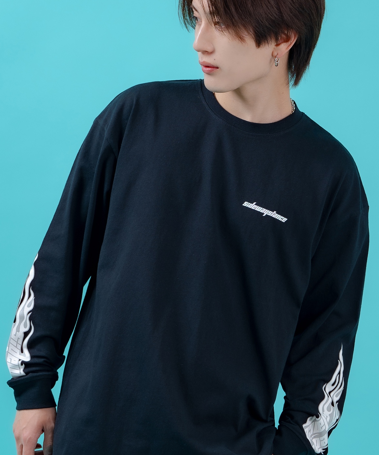 長袖Tシャツ メンズ ロンT フィーチャーアームロゴ長袖Tシャツ 炎 ファイヤーパターン 袖ロゴ SIDEWAY STANCE オーバーサイズ ストリート | improves | 02