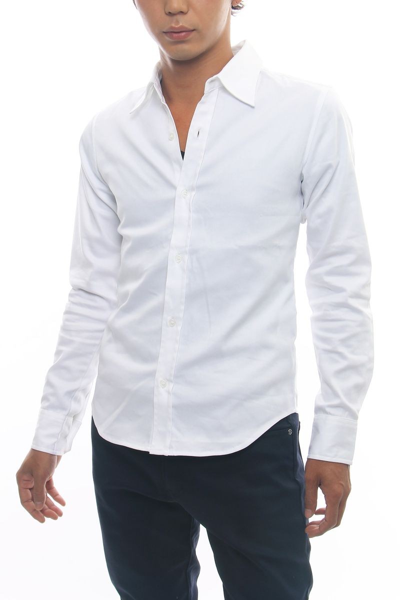 シャツ メンズ 長袖 無地 綿 サテン 白シャツ ビジネス ワイシャツ ドレスシャツ スリム トップス :98009:improves インプ