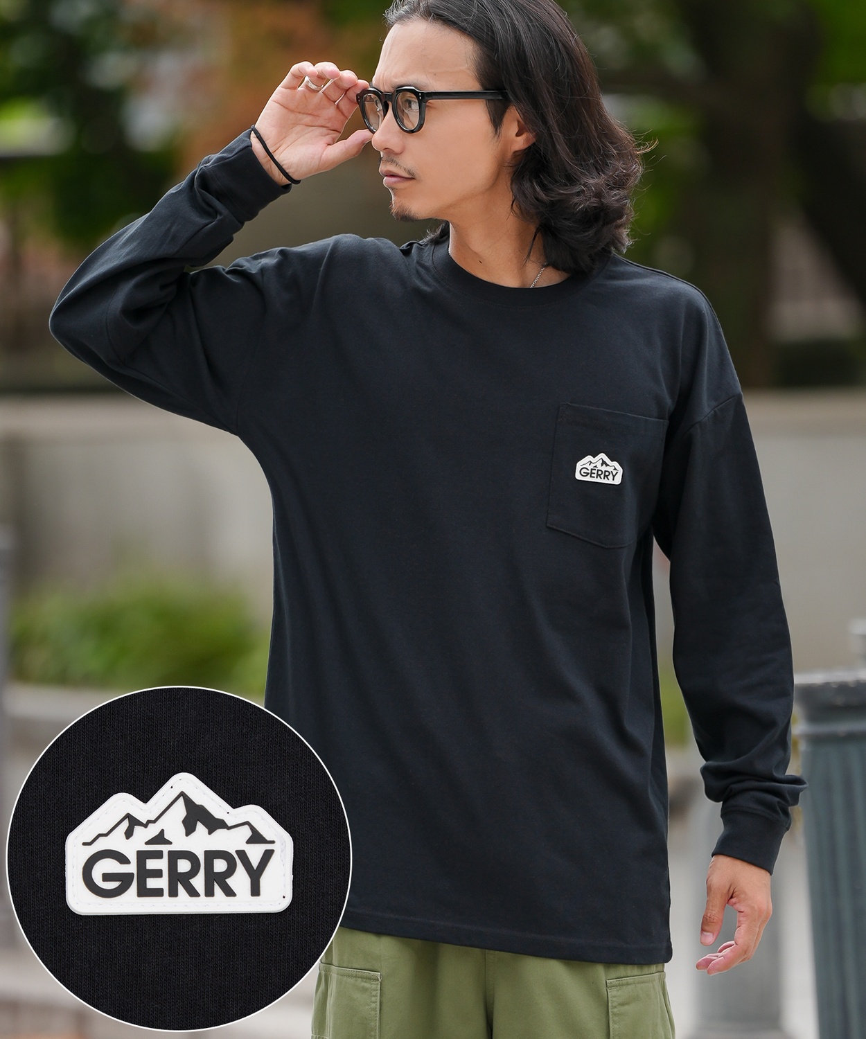 長袖Tシャツ メンズ GERRY ジェリー 別注 シリコンワッペン ワンポイント ポケT ロンT アウトドア ストリート アメカジ 古着MIX ホワイト ブラック | GERRY | 01