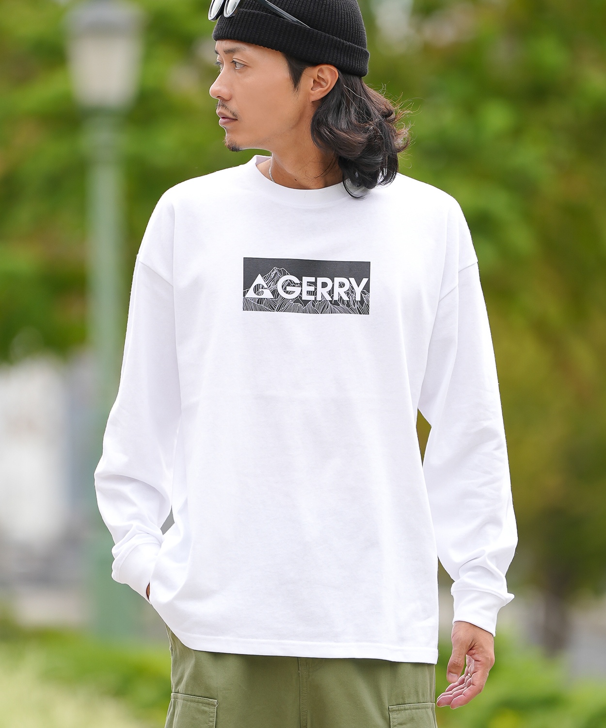 長袖Tシャツ メンズ GERRY ジェリー 別注プリント カットソー ボックスロゴ プリント ロンT アウトドア ストリート アメカジ 古着MIX ホワイト ブラック | GERRY | 01
