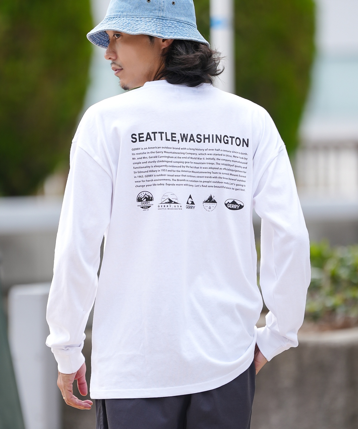 長袖Tシャツ メンズ GERRY ジェリー 別注プリント カットソー アイコニック ロゴ プリント ロンT アウトドア ストリート アメカジ 古着MIX ホワイト ブラック | GERRY | 01