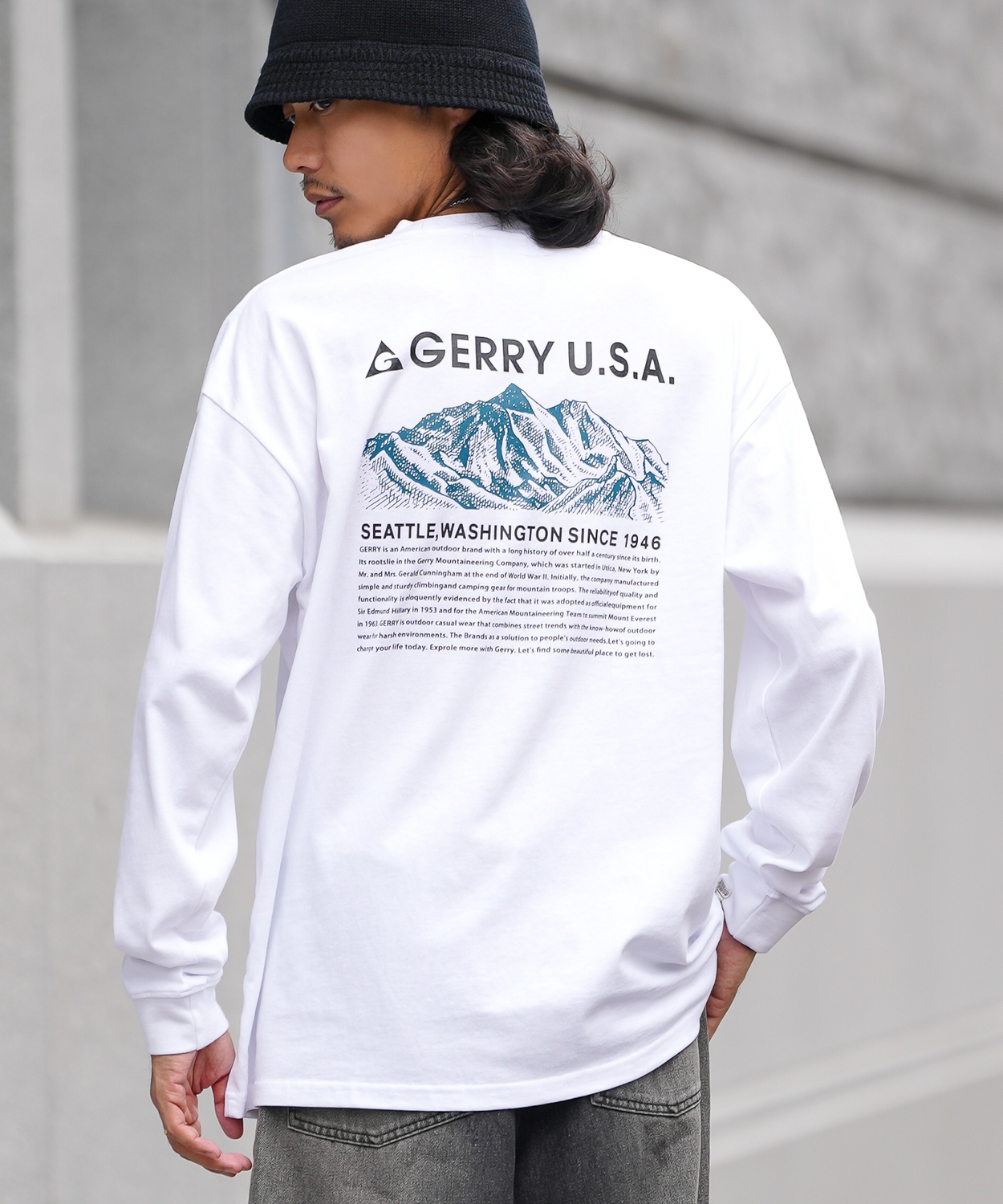 長袖Tシャツ メンズ GERRY ジェリー 別注プリント カットソー マウントロゴ プリント ロンT アウトドア ストリート アメカジ 古着MIX ホワイト ブラック | GERRY | 01