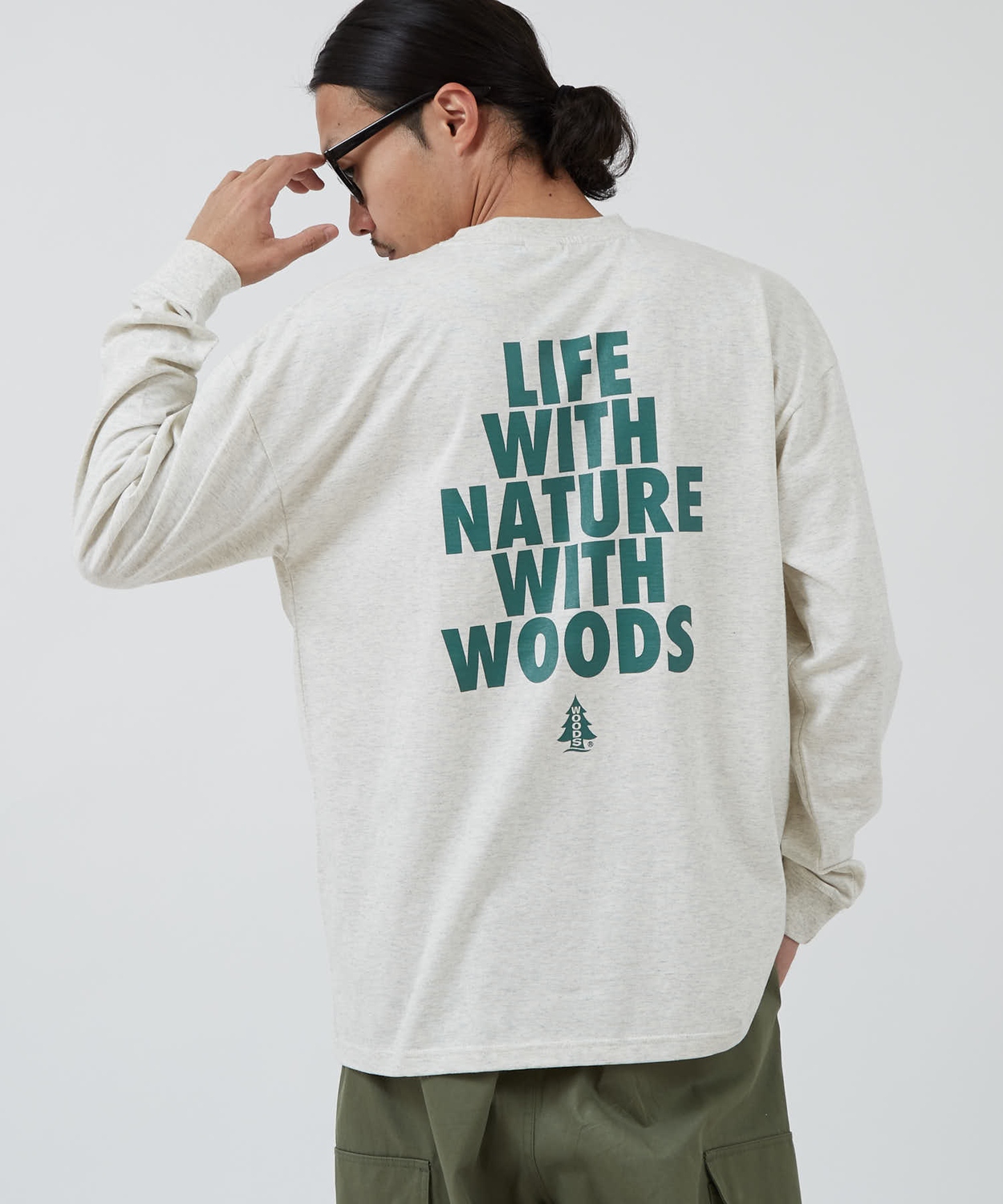 長袖Tシャツ メンズ WOODS別注 ウッズ ロンT カットソー  ビッグシルエット アウトドア カジュアル アメカジ ブラック ホワイト オートミール | improves | 03