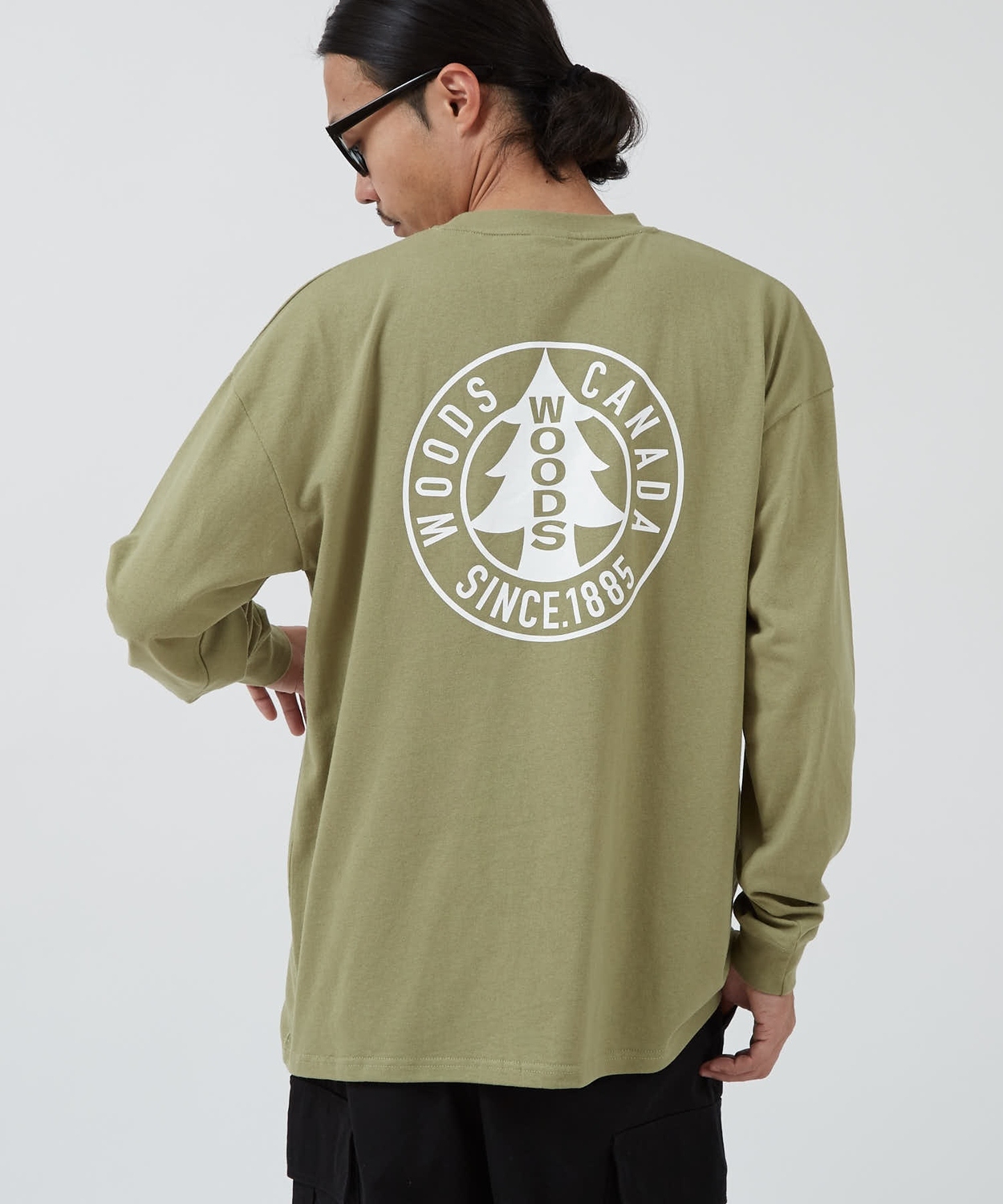 長袖Tシャツ メンズ WOODS別注 ウッズ ロンT カットソー  ビッグシルエット アウトドア カジュアル アメカジ ブラック ホワイト カーキ | improves | 03