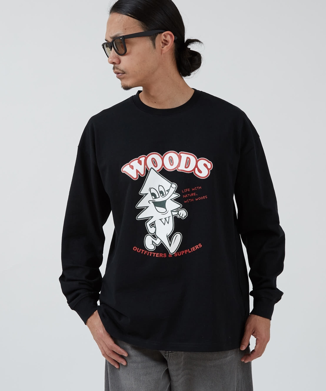 長袖Tシャツ メンズ WOODS別注 ウッズ ロンT カットソー  ビッグシルエット アウトドア カジュアル アメカジ ブラック ホワイト オートミール | improves | 02