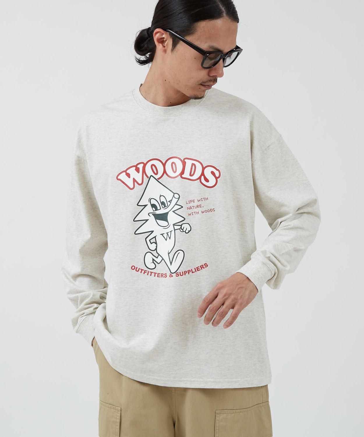 長袖Tシャツ メンズ WOODS別注 ウッズ ロンT カットソー  ビッグシルエット アウトドア カジュアル アメカジ ブラック ホワイト オートミール | improves | 03
