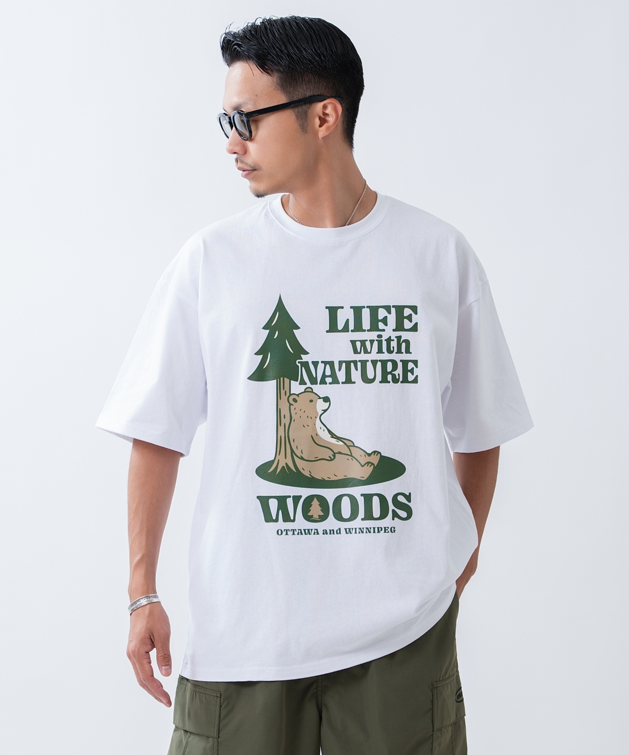 半袖Tシャツ メンズ WOODS別注 ウッズ カットソー ベア ビッグシルエット アウトドア カジュアル アメカジ ブラック ホワイト カーキ | improves | 01