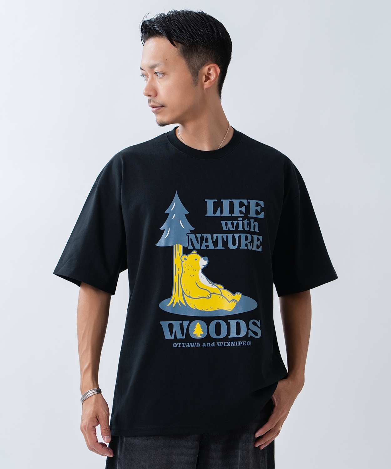 半袖Tシャツ メンズ WOODS別注 ウッズ カットソー ベア ビッグシルエット アウトドア カジュアル アメカジ ブラック ホワイト カーキ | improves | 02