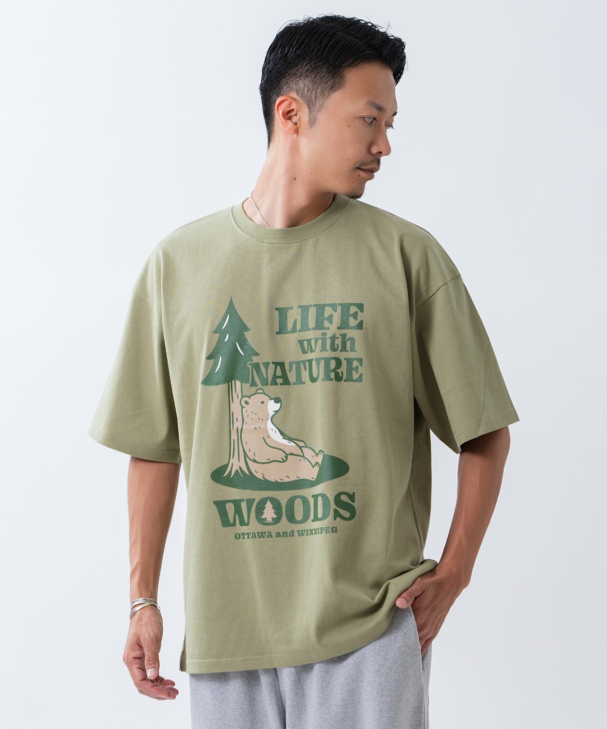 半袖Tシャツ メンズ WOODS別注 ウッズ カットソー ベア ビッグシルエット アウトドア カジュアル アメカジ ブラック ホワイト カーキ | improves | 03