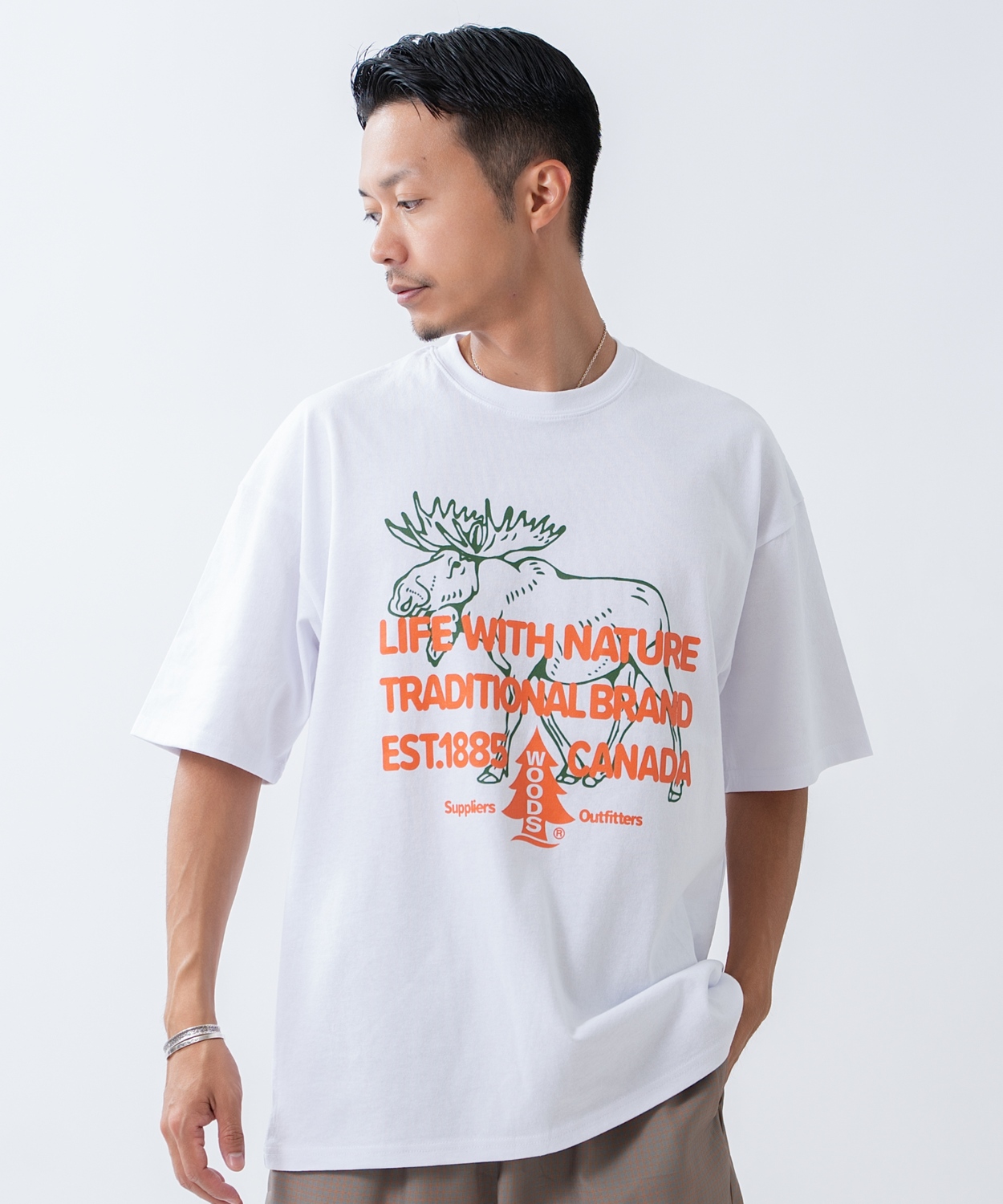 半袖Tシャツ メンズ WOODS別注 ウッズ カットソー ビッグシルエット アウトドア カジュアル アメカジ ブラック ホワイト ダークブルー | improves | 01