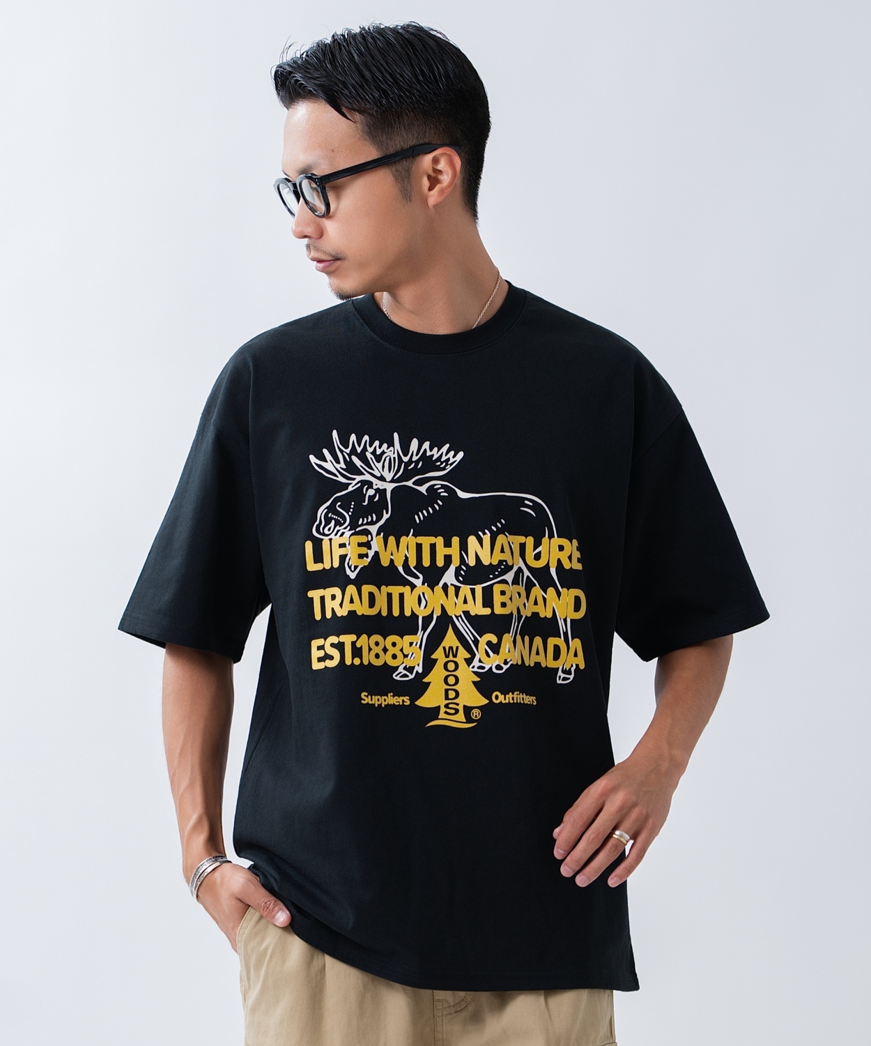 半袖Tシャツ メンズ WOODS別注 ウッズ カットソー ビッグシルエット アウトドア カジュアル アメカジ ブラック ホワイト ダークブルー | improves | 02